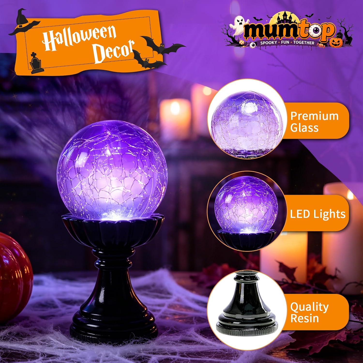 Halloween Crystal Ball Lamp, Purple LED Crackle Glass Globe