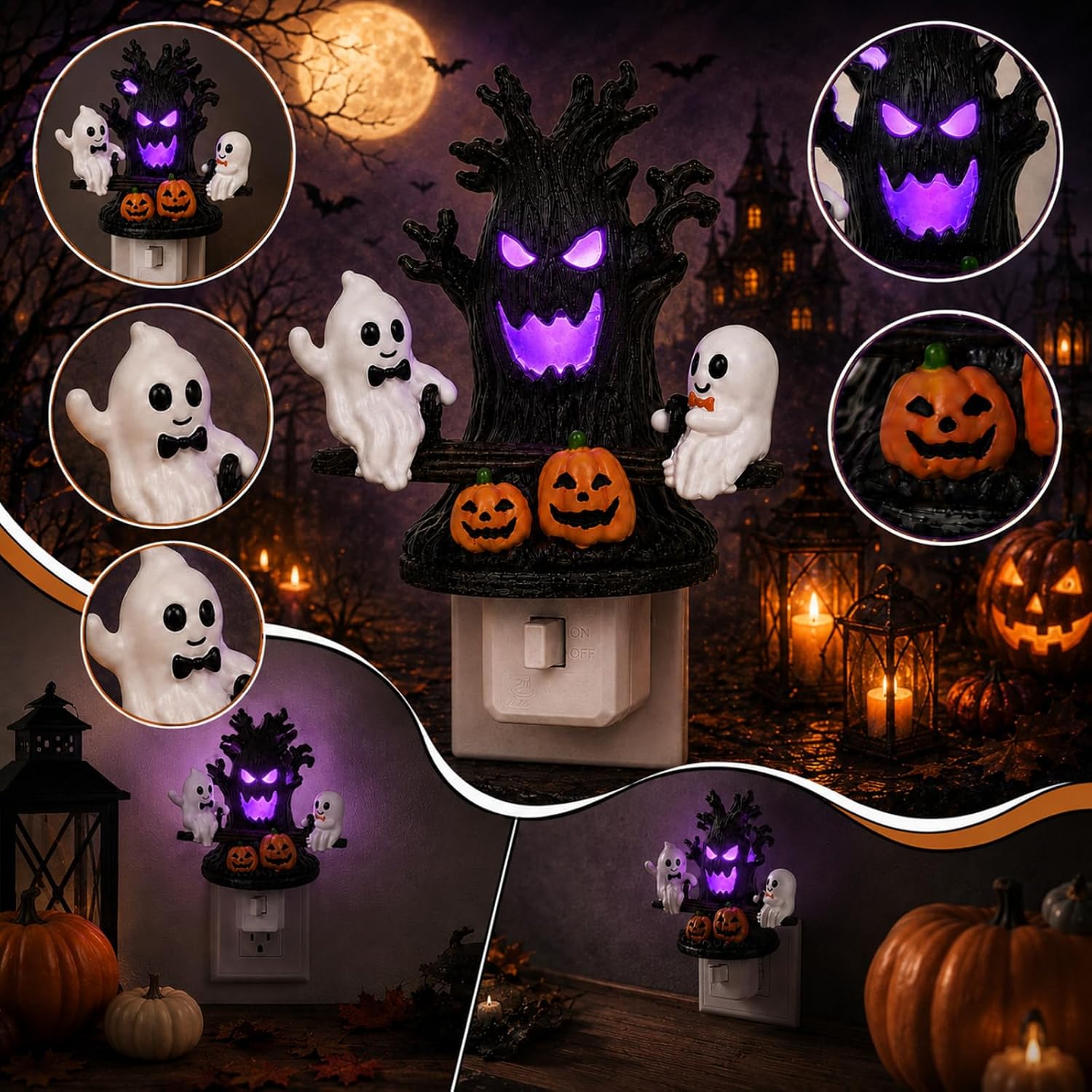 Halloween Plug-In Night Light – Animated Seesaw Ghosts with Jack-o'-Lantern