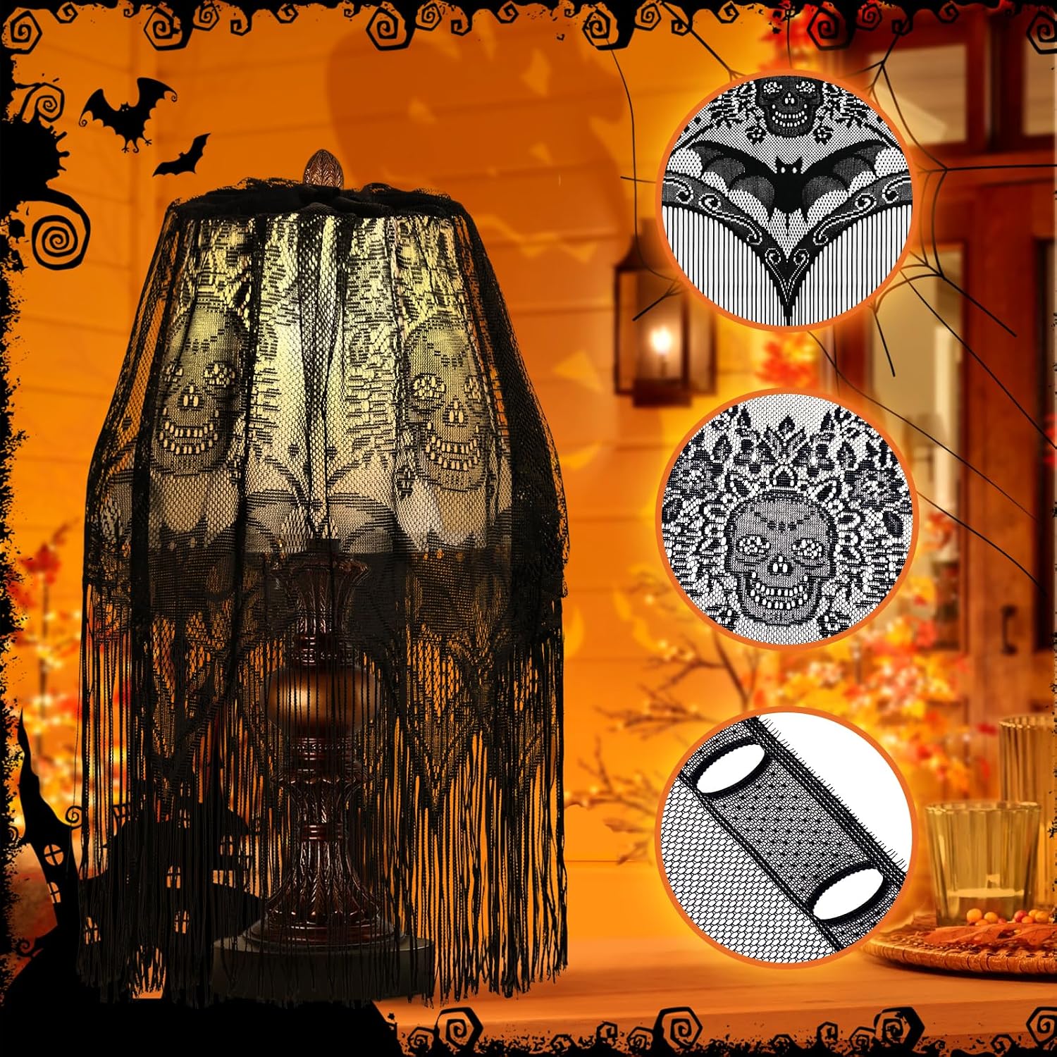 Halloween Skull & Bat Lampshade – Large 60" Black Linen Gothic Decor