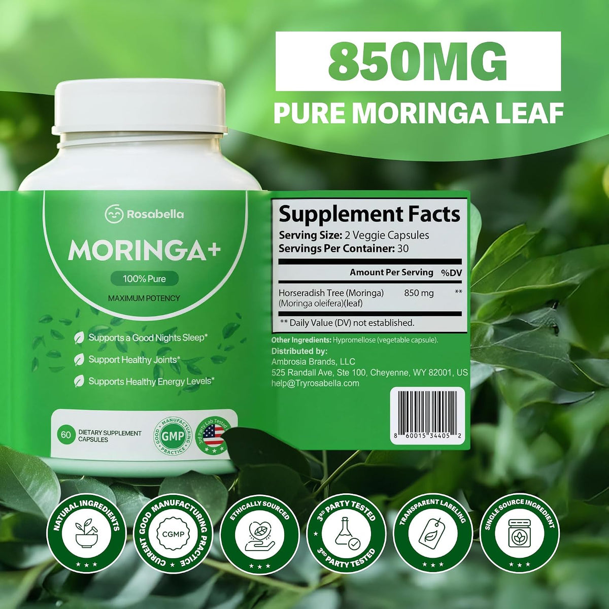 Moringa Capsules 850mg, Superfood Energy & Wellness, Vegan