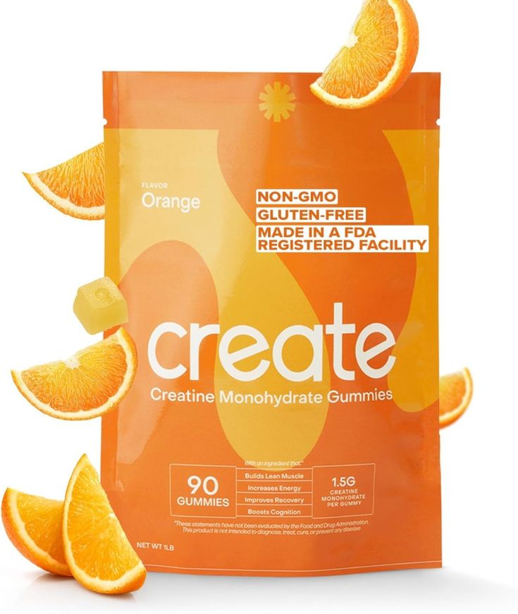 Tub of creatine monohydrate gummies 4.5g in orange flavor for strength and focus, 90 count