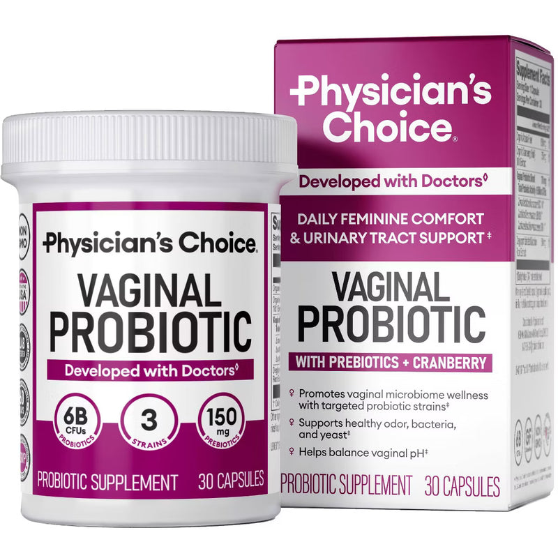 Bottle of vaginal probiotic capsules for women with cranberry extract, 30 count