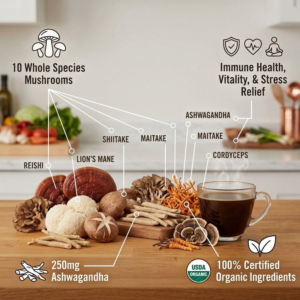 Mushroom Powder Blend with Ashwagandha, 10 Mushrooms, Organic