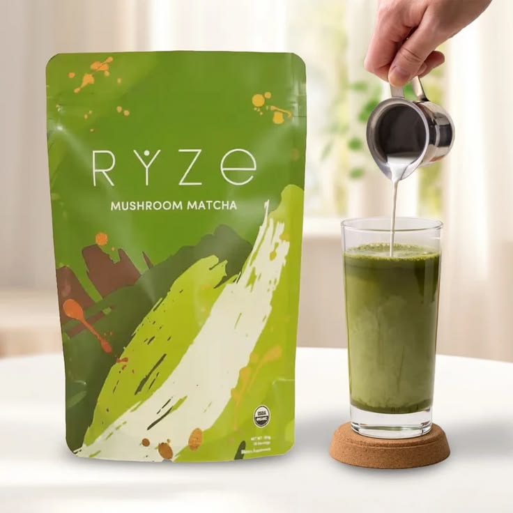 Bag of organic mushroom matcha powder with 6 adaptogenic mushrooms for focus and energy