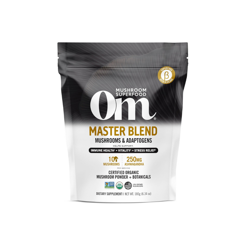 Bag of organic 10-mushroom powder blend with ashwagandha for immune and stress support