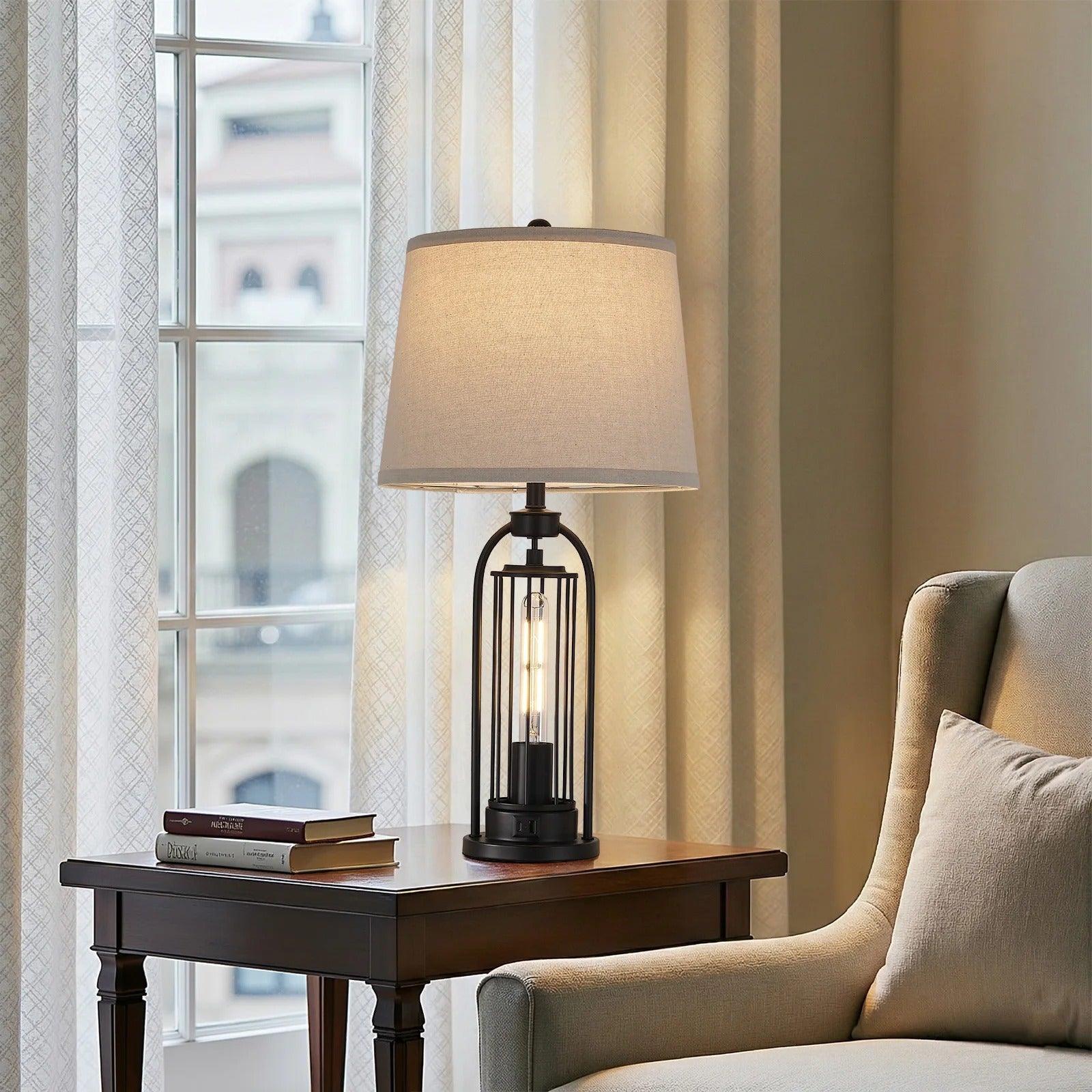 26 inch modern dual LED table lamp with linen shade on nightstand