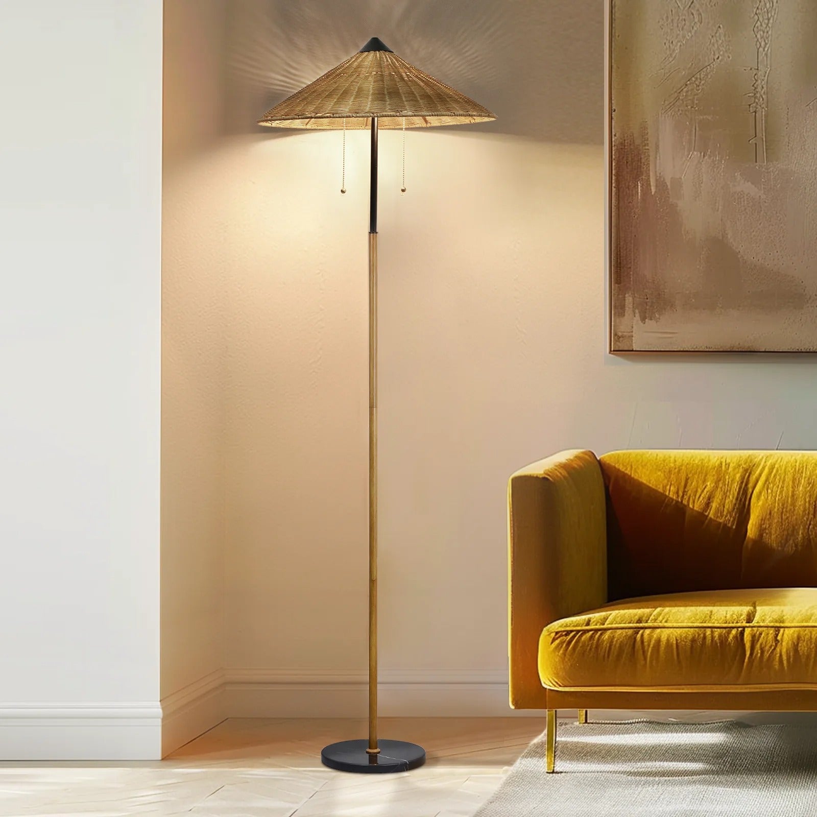 68 inch rattan floor lamp with marble base in living room