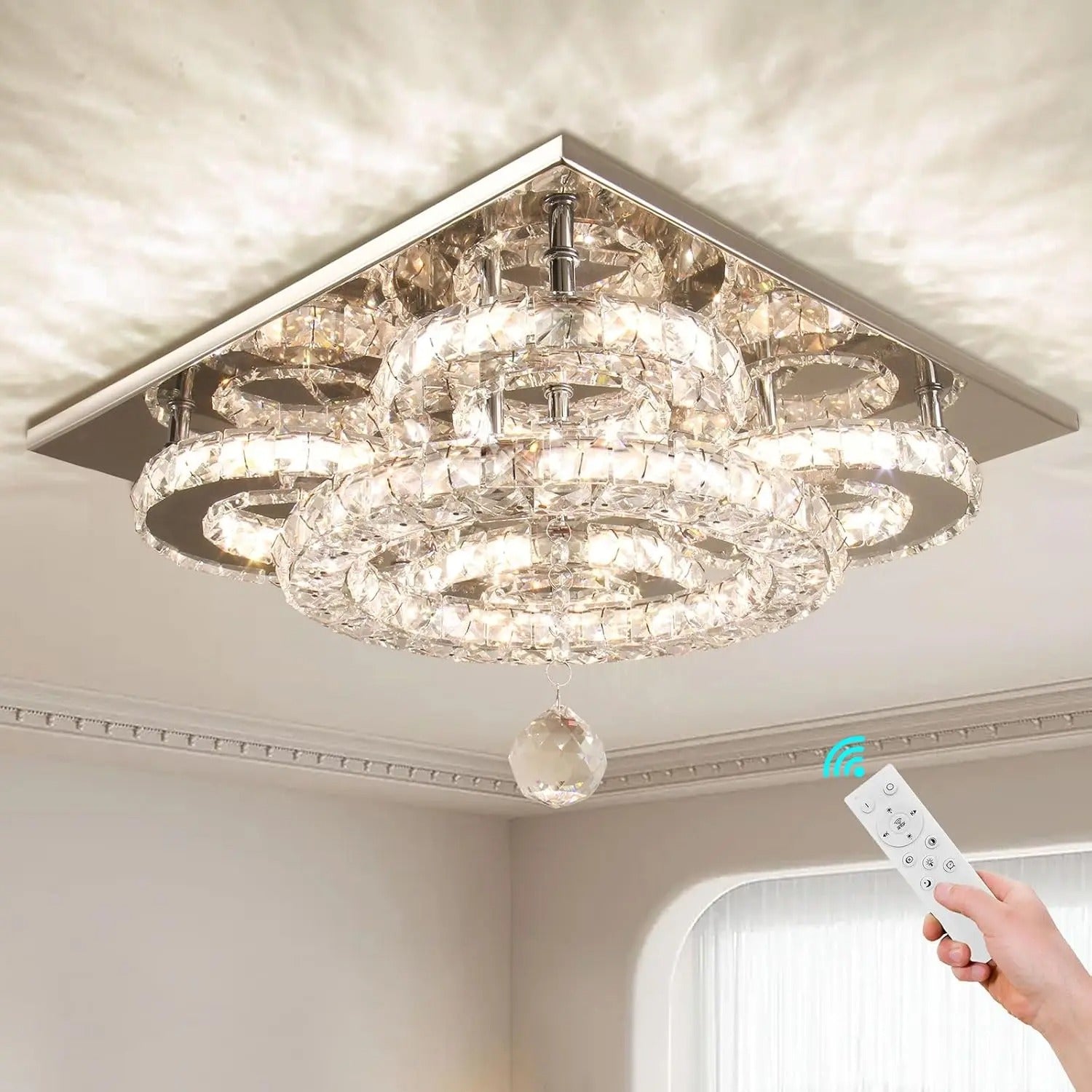 Modern crystal chandelier semi flush mount ceiling light in living room
