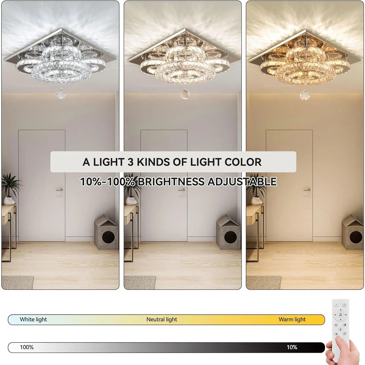13.3" Crystal Chandelier Semi Flush Mount | Dimmable LED Ceiling Light with Remote Control