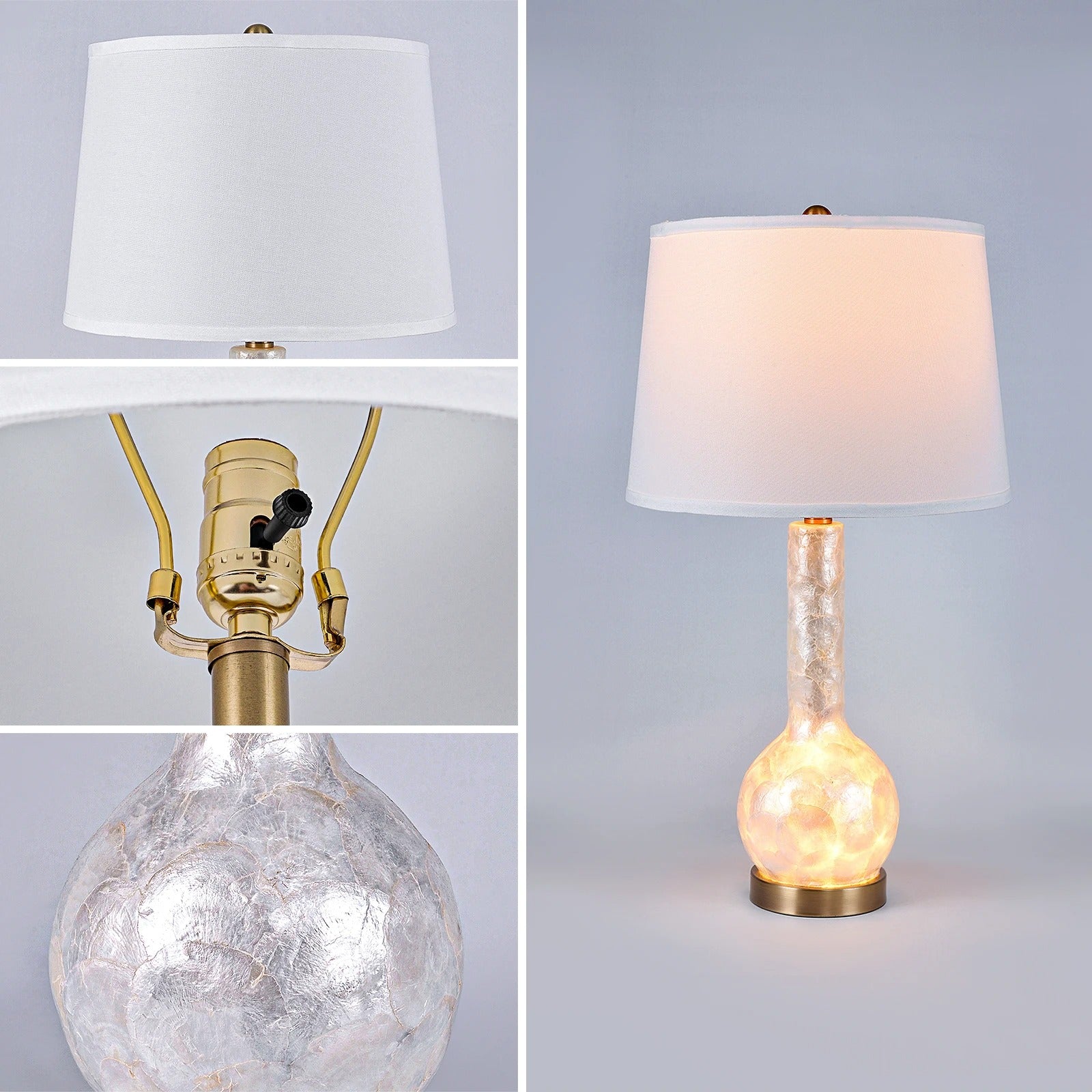 28"/25" Luxury Table Lamp | Shell Body with Linen Shade, Bronze Base, Four-Stage LED Night Light