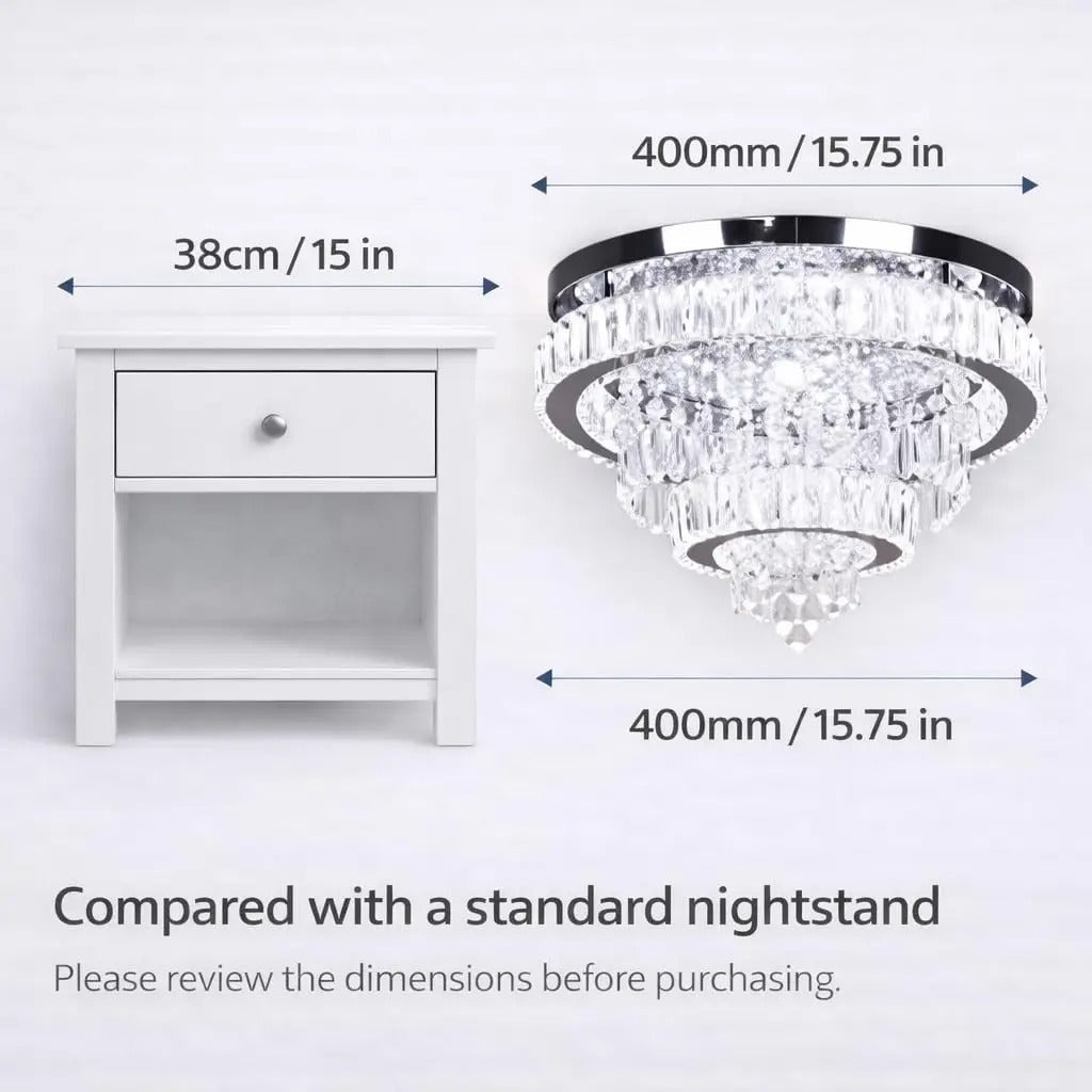 15.7" Crystal Semi Flush Mount Ceiling Light | 2-Ring LED Chandelier, Cool White 6500K