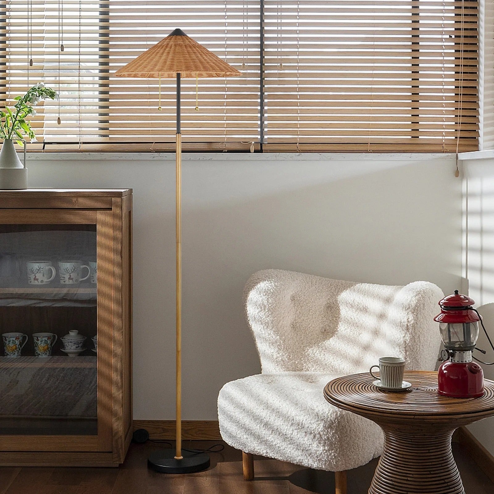 68" Rattan Floor Lamp | Minimalist Traditional Style, Marble Base, Double Lamp Head for Living Room & Bedroom