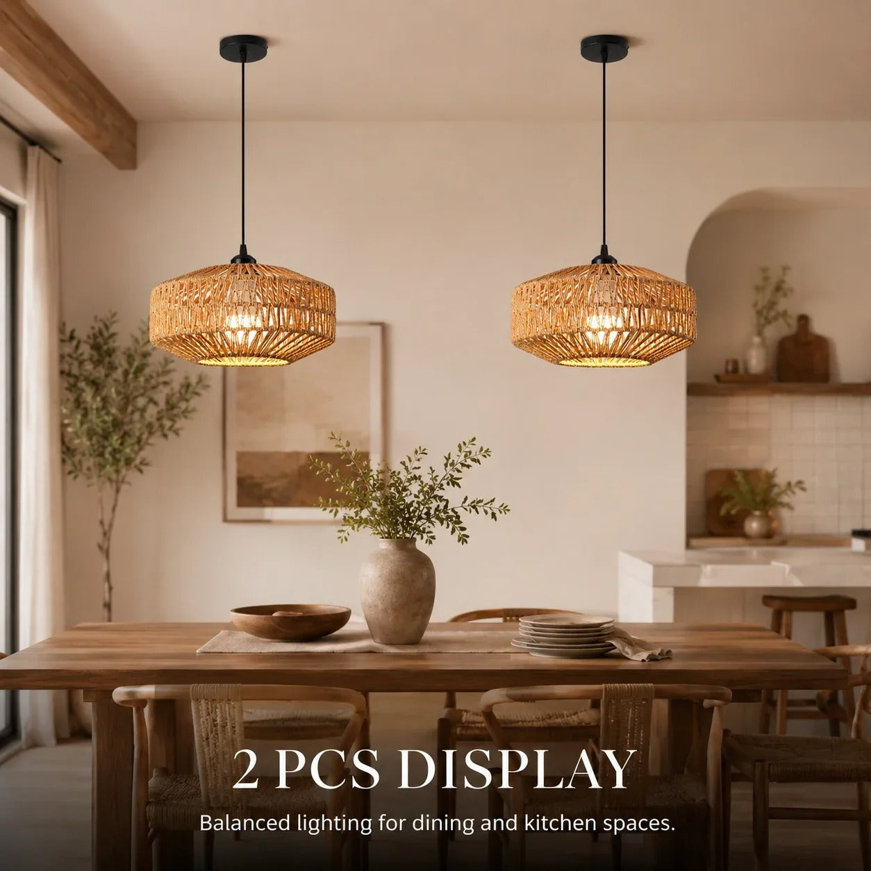 Boho Paper Rope Pendant Light (Set of 2) | Woven Hanging Lamp with Adjustable 150cm Cord, Black Canopy