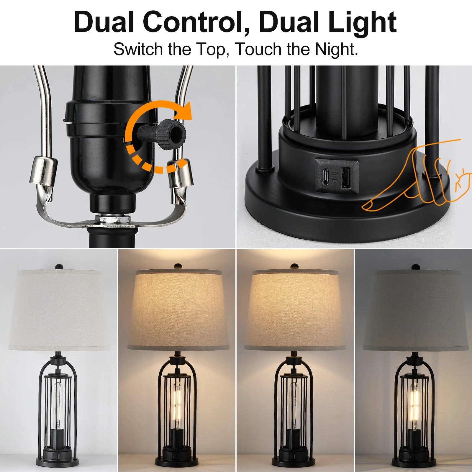26" Modern Dual LED Table Lamp | Linen Shade, USB & Type-C Charging Port, Touch & Rotary Control