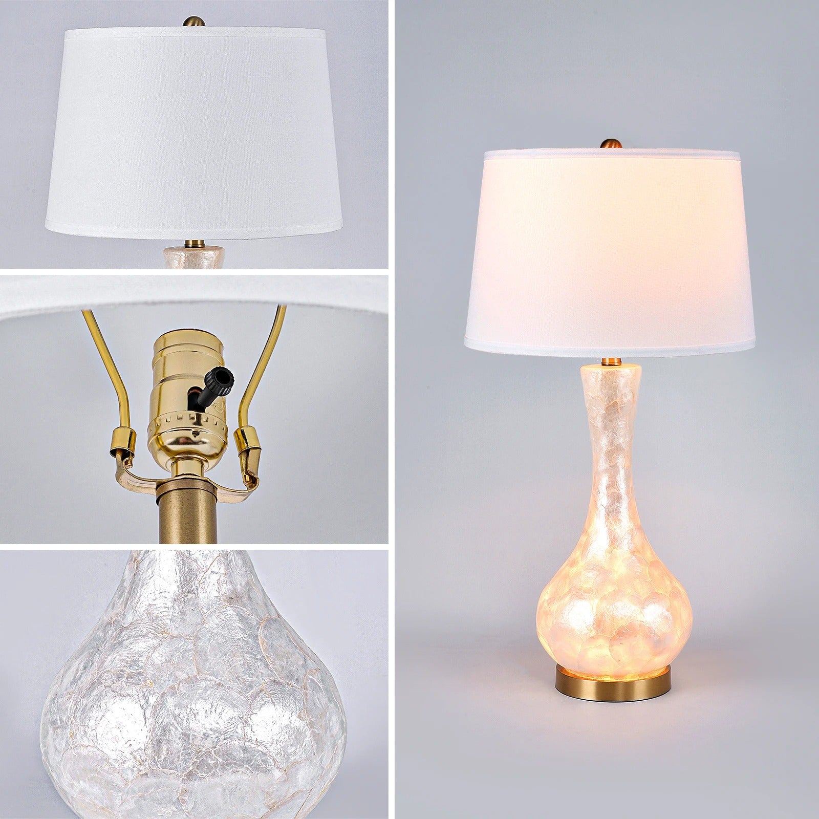 28"/25" Luxury Table Lamp | Shell Body with Linen Shade, Bronze Base, Four-Stage LED Night Light