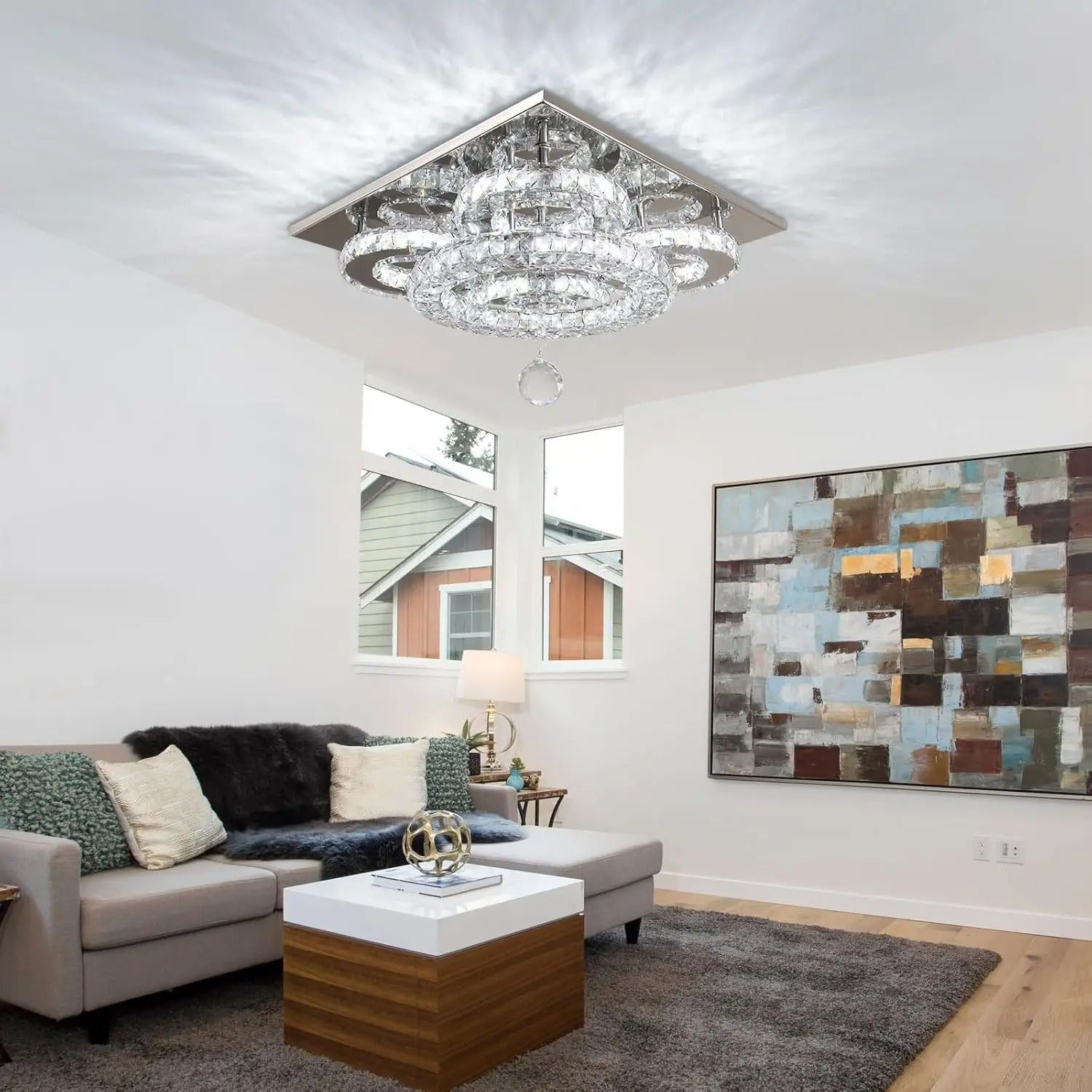 13.3" Crystal Chandelier Semi Flush Mount | Dimmable LED Ceiling Light with Remote Control
