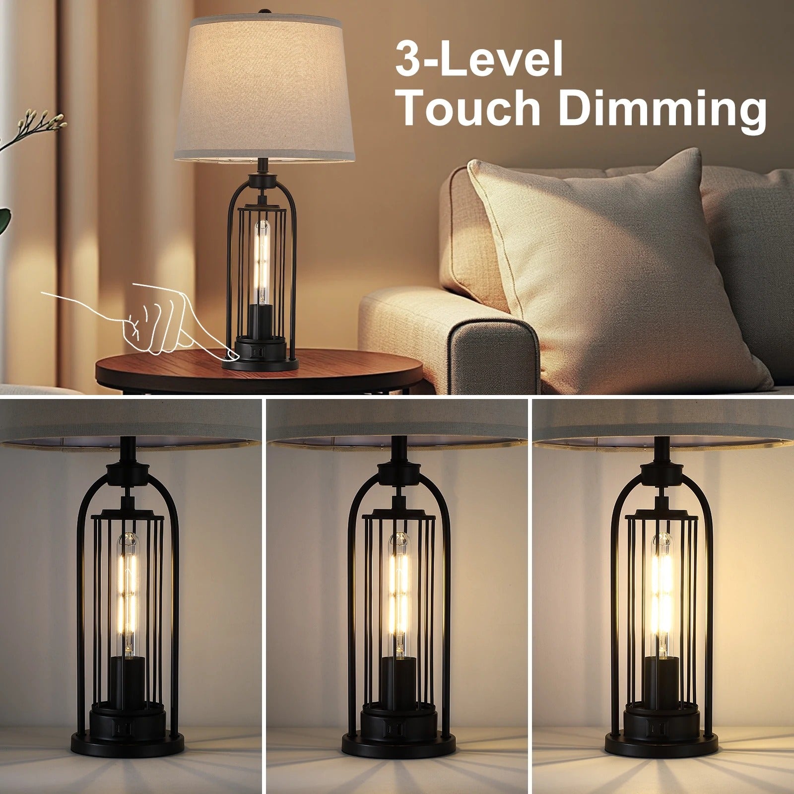 26" Modern Dual LED Table Lamp | Linen Shade, USB & Type-C Charging Port, Touch & Rotary Control