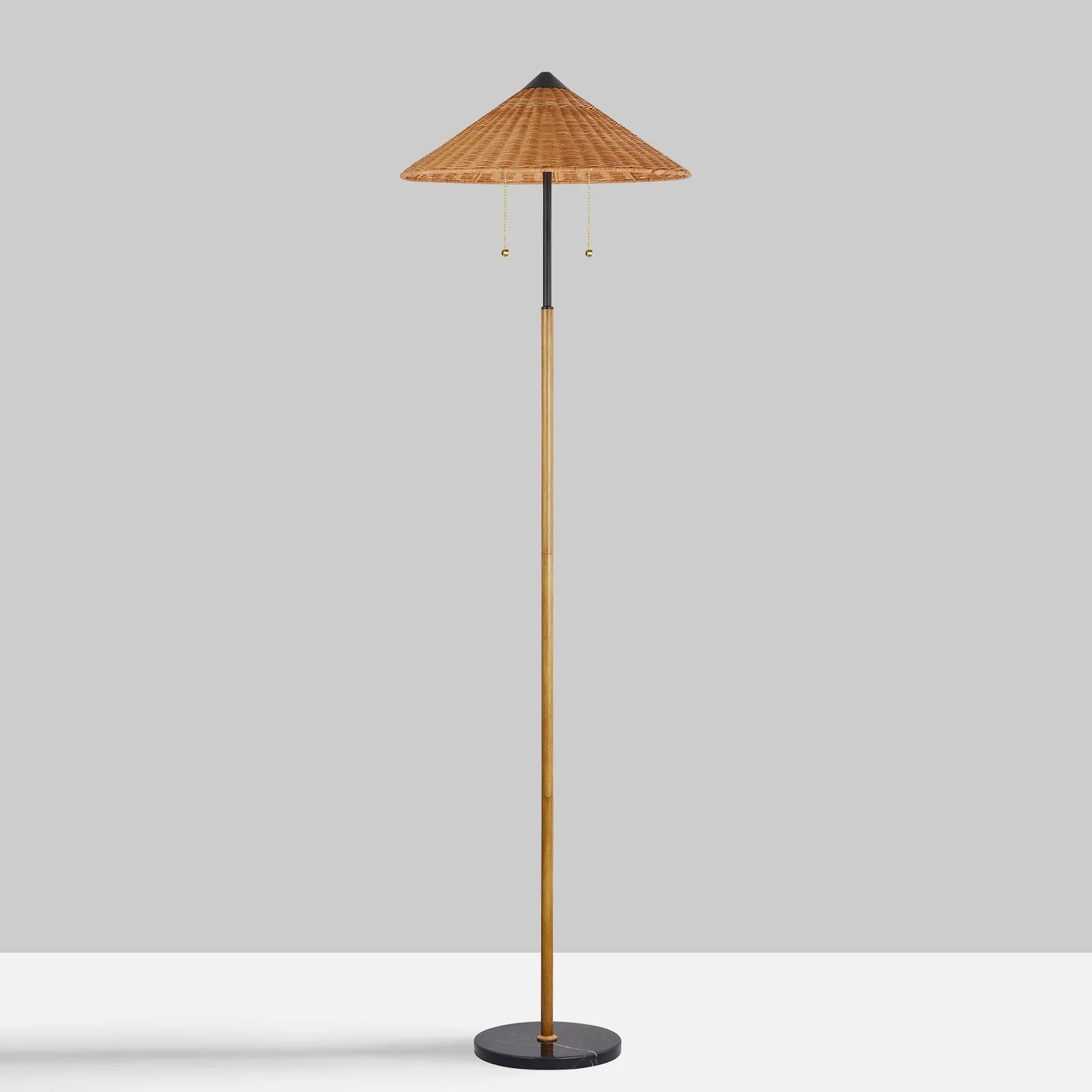 68" Rattan Floor Lamp | Minimalist Traditional Style, Marble Base, Double Lamp Head for Living Room & Bedroom