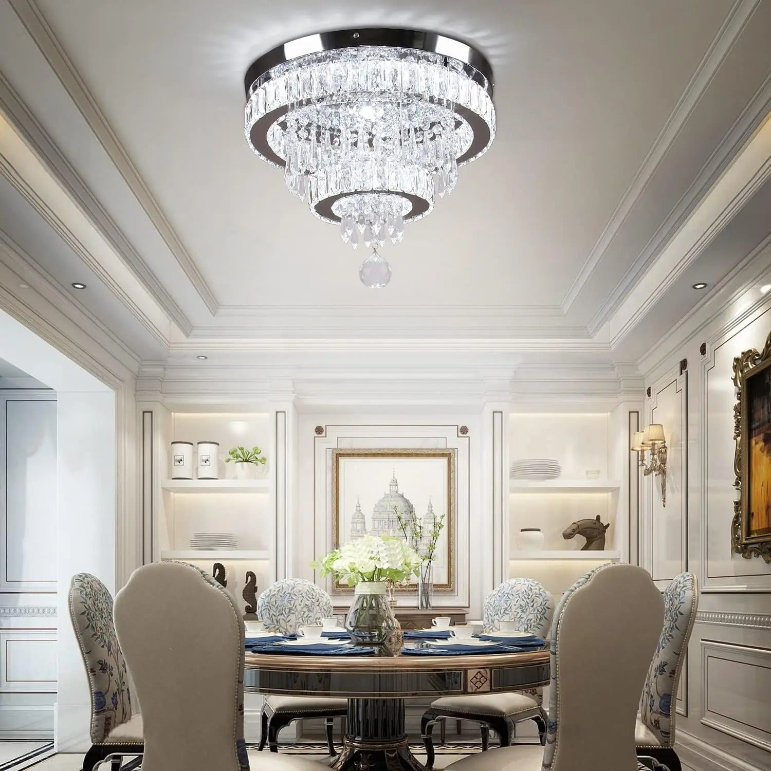 15.7" Crystal Semi Flush Mount Ceiling Light | 2-Ring LED Chandelier, Cool White 6500K