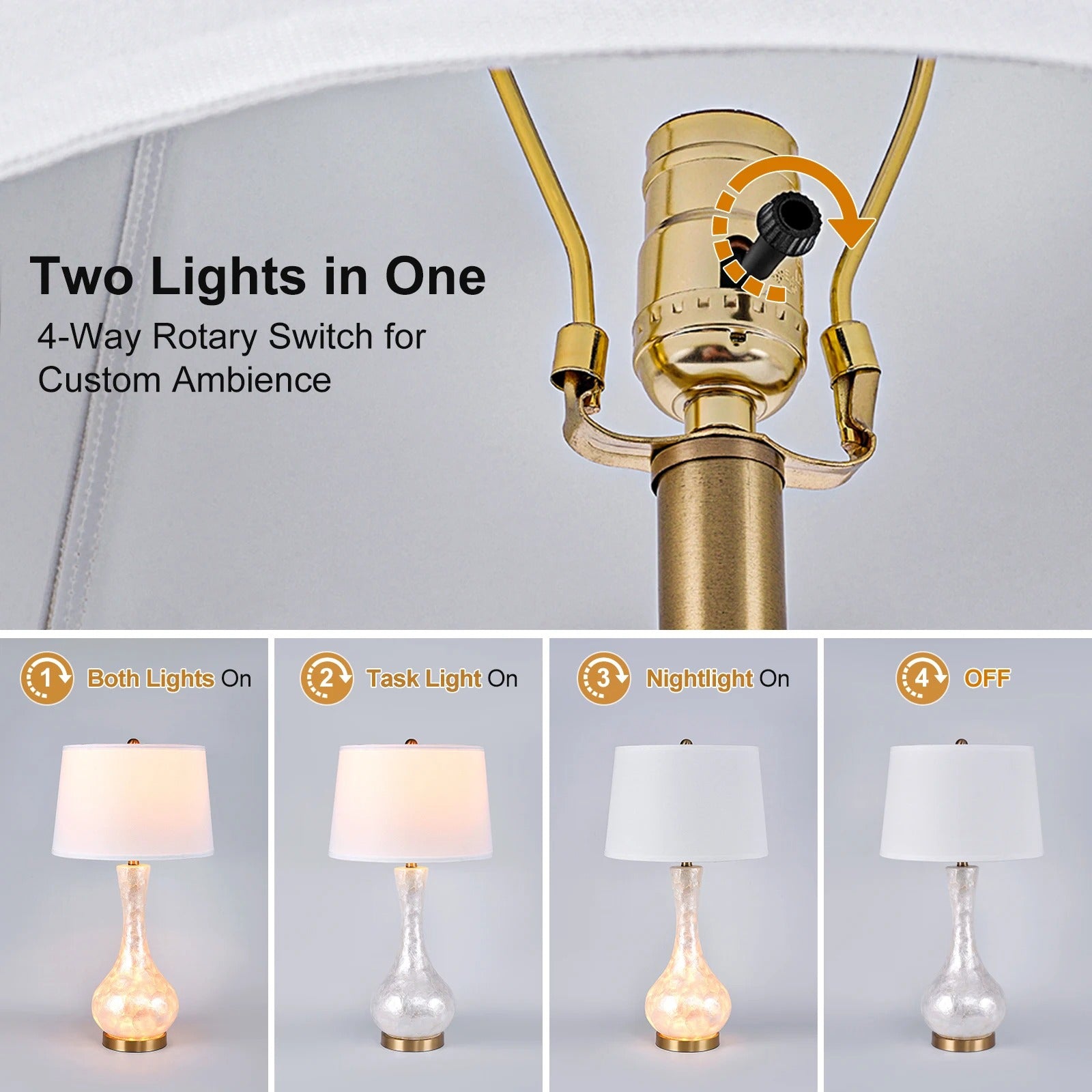 28"/25" Luxury Table Lamp | Shell Body with Linen Shade, Bronze Base, Four-Stage LED Night Light