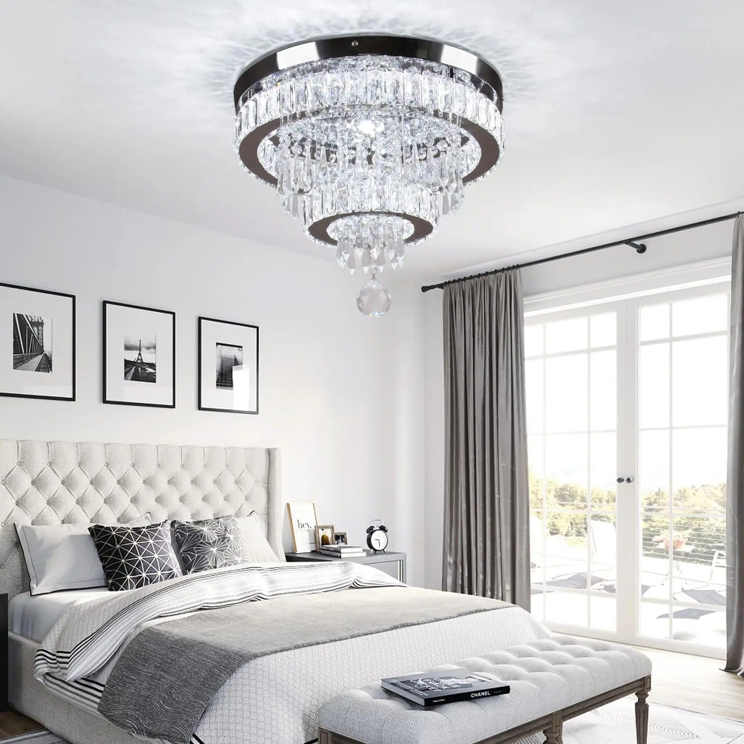 15.7" Crystal Semi Flush Mount Ceiling Light | 2-Ring LED Chandelier, Cool White 6500K