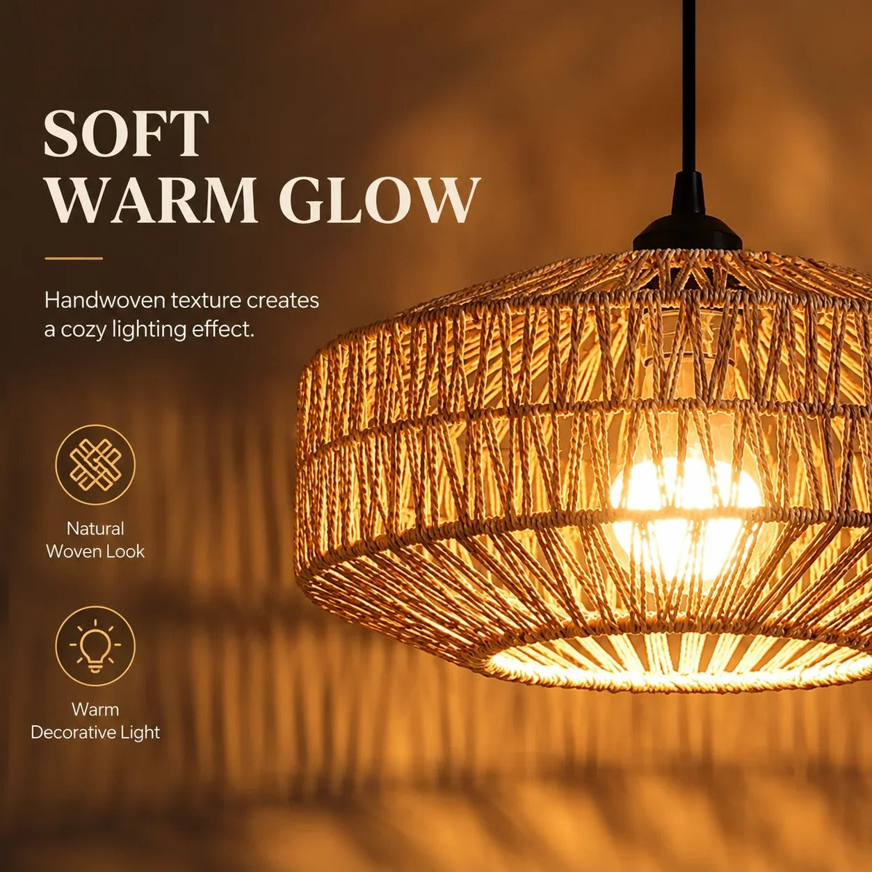 Boho Paper Rope Pendant Light (Set of 2) | Woven Hanging Lamp with Adjustable 150cm Cord, Black Canopy