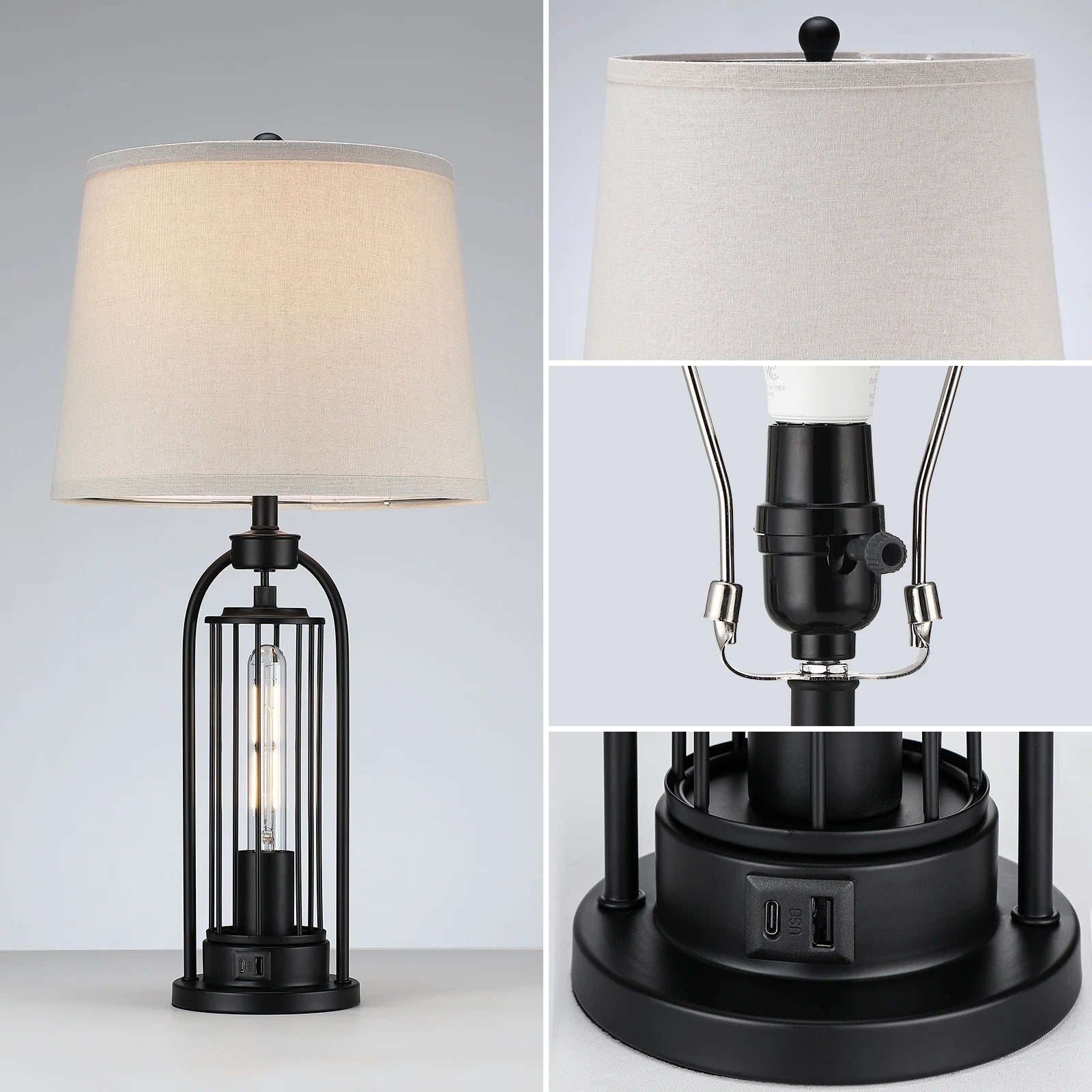26" Modern Dual LED Table Lamp | Linen Shade, USB & Type-C Charging Port, Touch & Rotary Control
