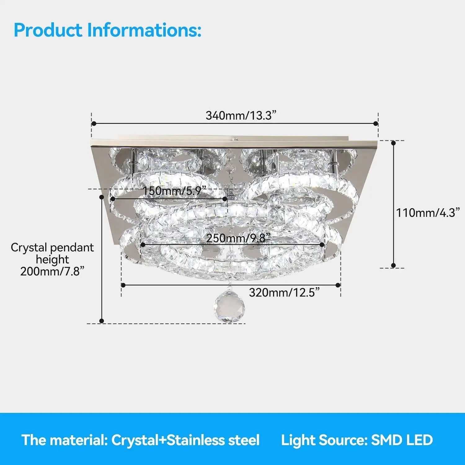 13.3" Crystal Chandelier Semi Flush Mount | Dimmable LED Ceiling Light with Remote Control