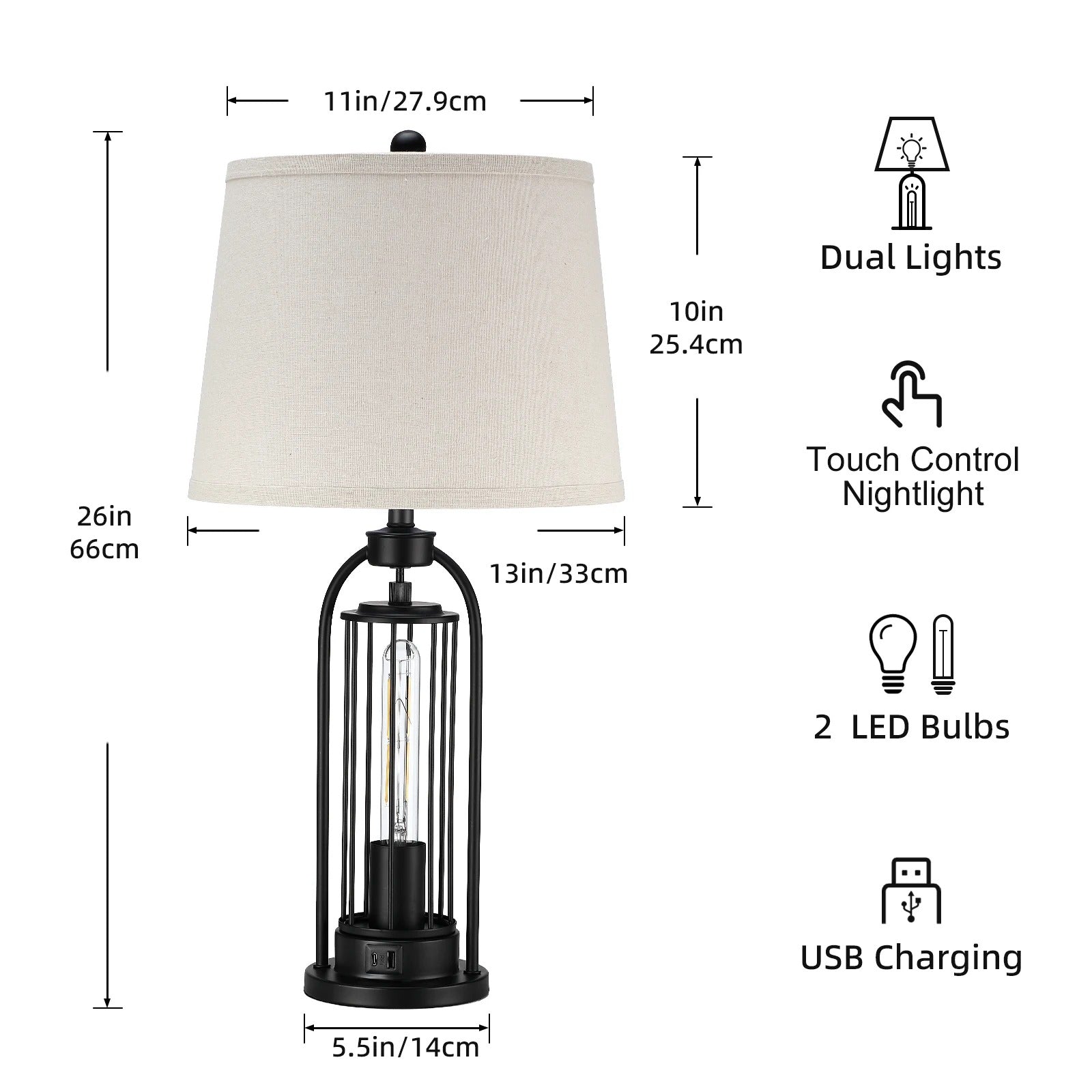 26" Modern Dual LED Table Lamp | Linen Shade, USB & Type-C Charging Port, Touch & Rotary Control