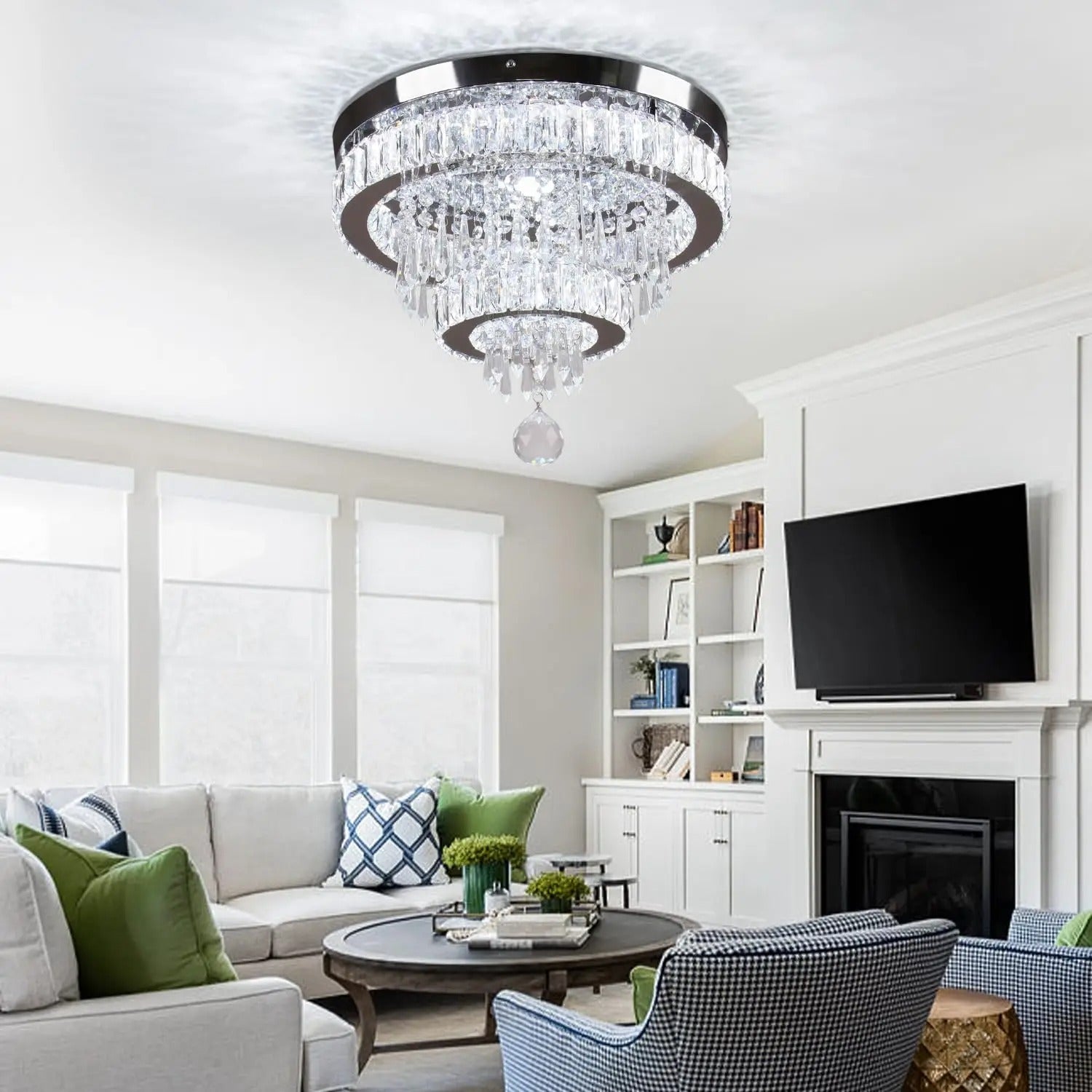 15.7" Crystal Semi Flush Mount Ceiling Light | 2-Ring LED Chandelier, Cool White 6500K