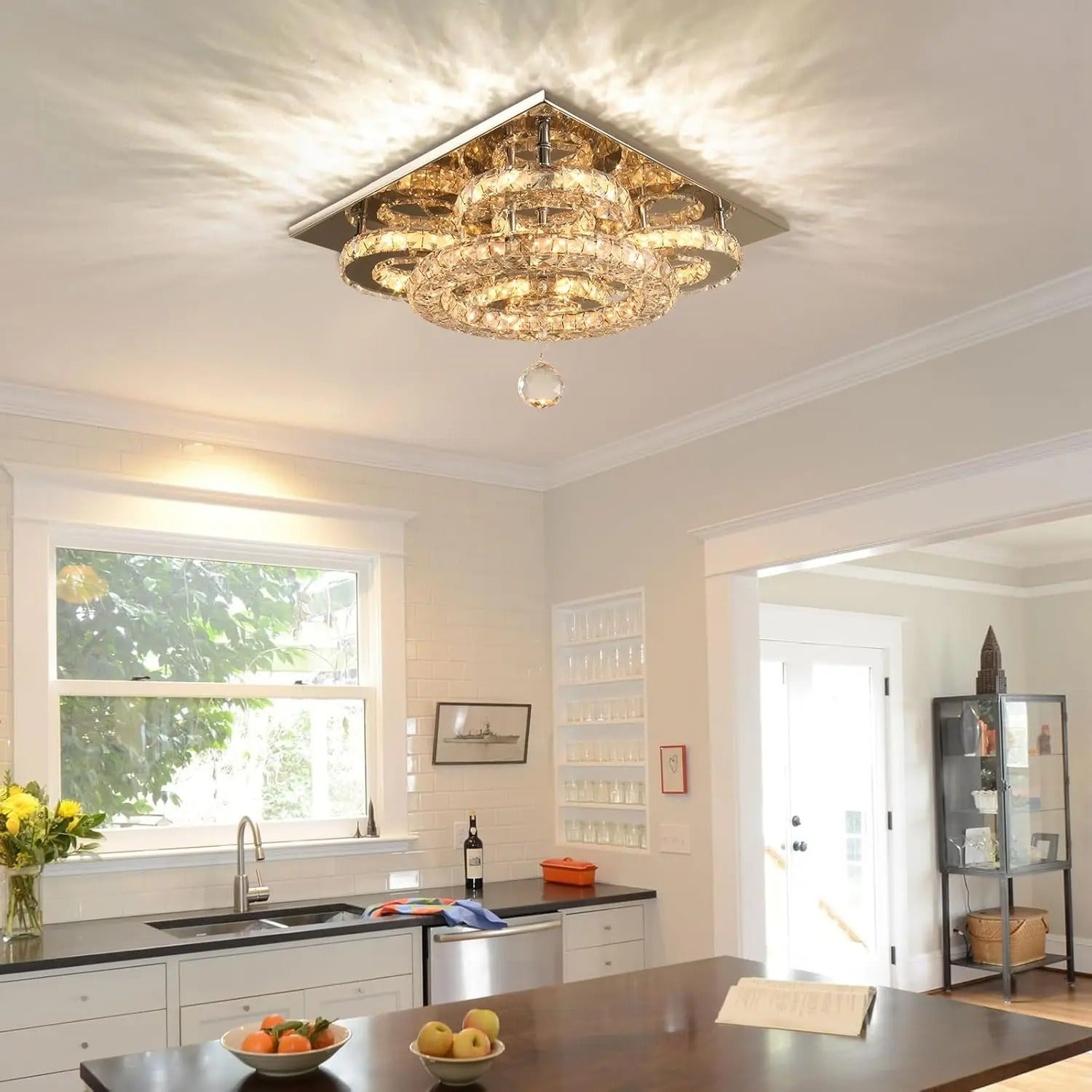 13.3" Crystal Chandelier Semi Flush Mount | Dimmable LED Ceiling Light with Remote Control