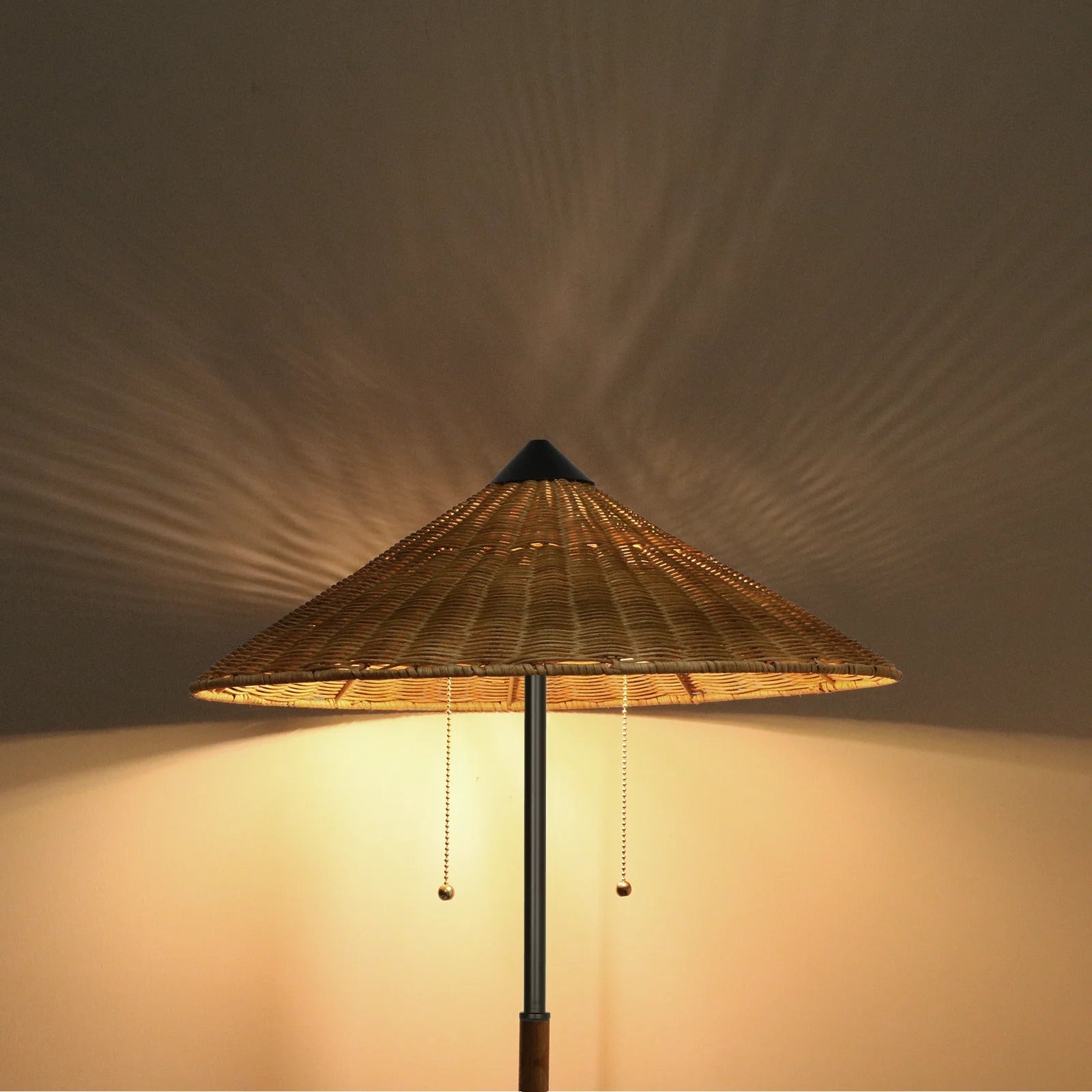 68" Rattan Floor Lamp | Minimalist Traditional Style, Marble Base, Double Lamp Head for Living Room & Bedroom