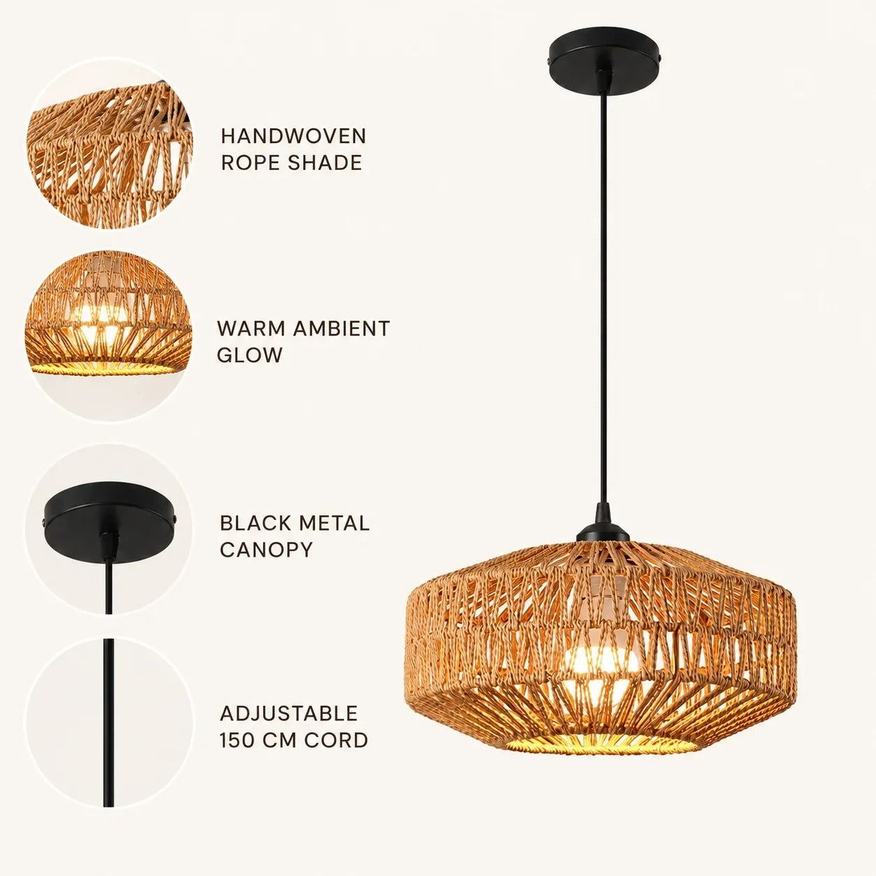 Boho Paper Rope Pendant Light (Set of 2) | Woven Hanging Lamp with Adjustable 150cm Cord, Black Canopy