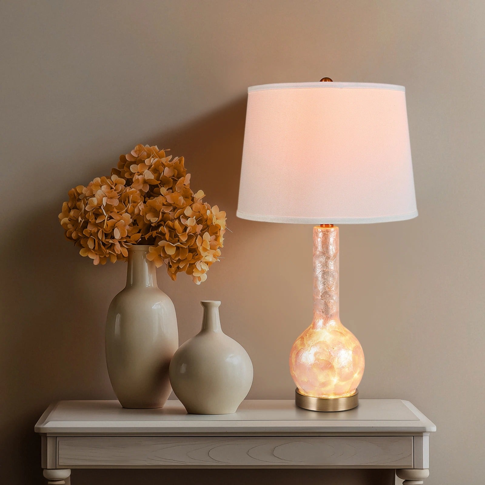 28"/25" Luxury Table Lamp | Shell Body with Linen Shade, Bronze Base, Four-Stage LED Night Light