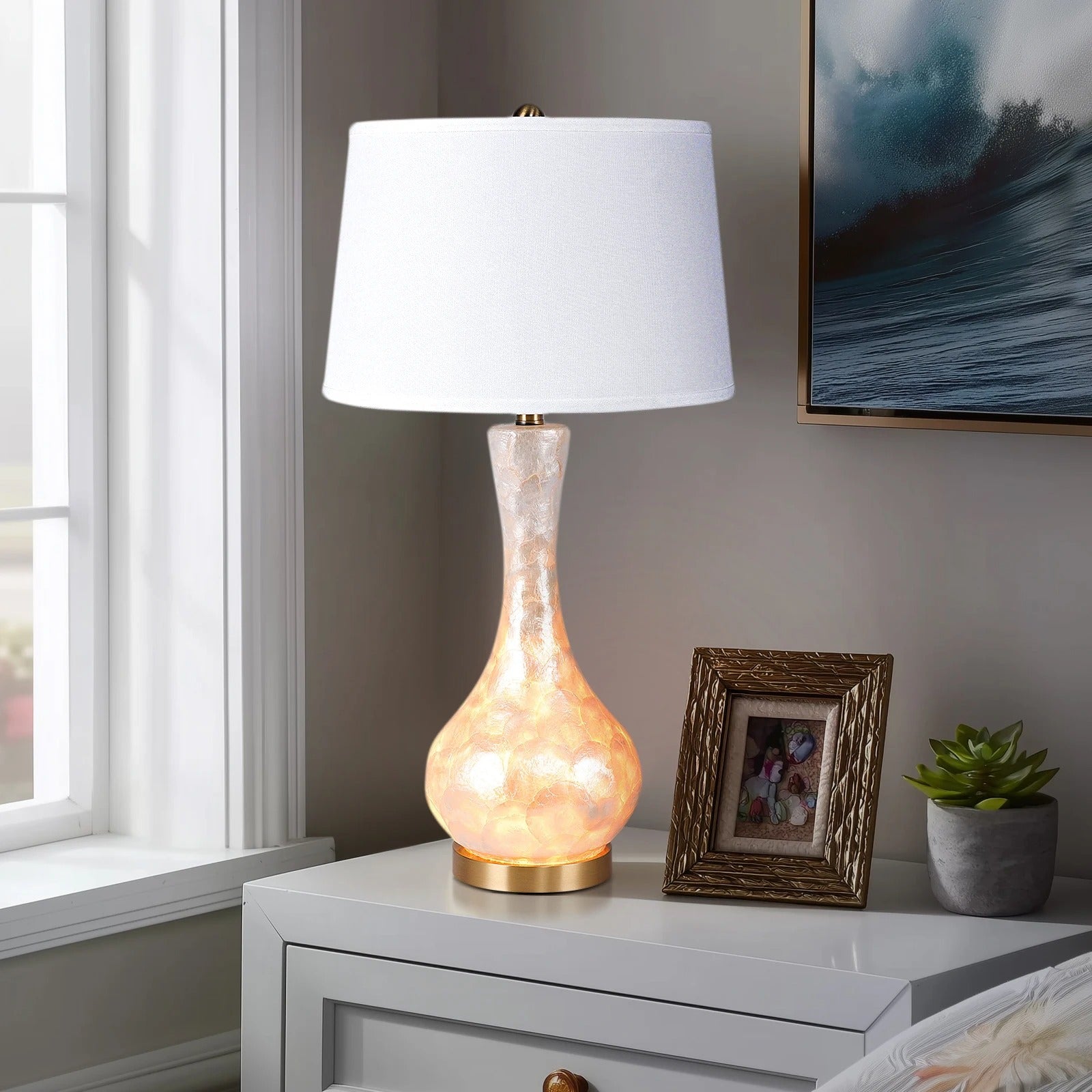 28"/25" Luxury Table Lamp | Shell Body with Linen Shade, Bronze Base, Four-Stage LED Night Light