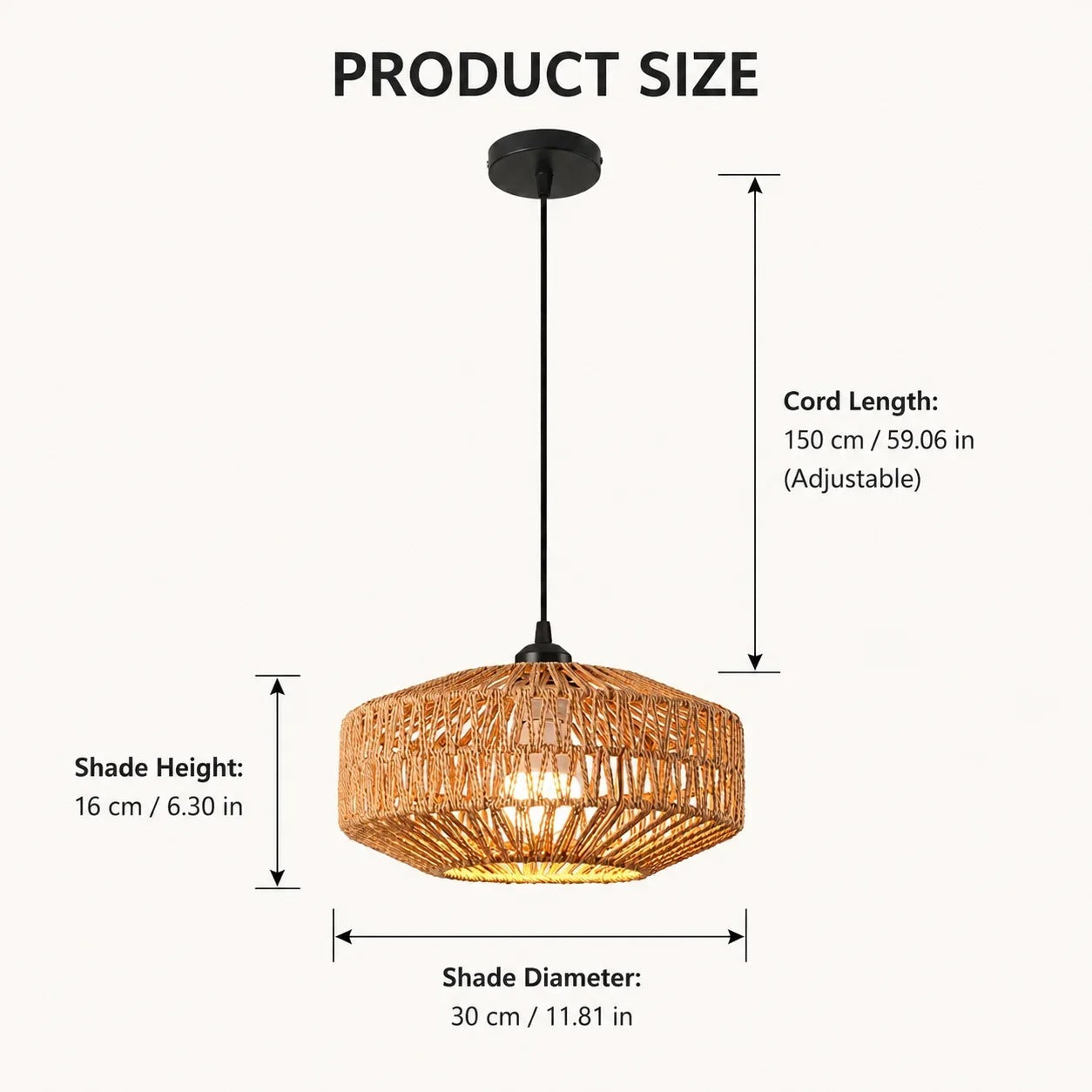 Boho Paper Rope Pendant Light (Set of 2) | Woven Hanging Lamp with Adjustable 150cm Cord, Black Canopy