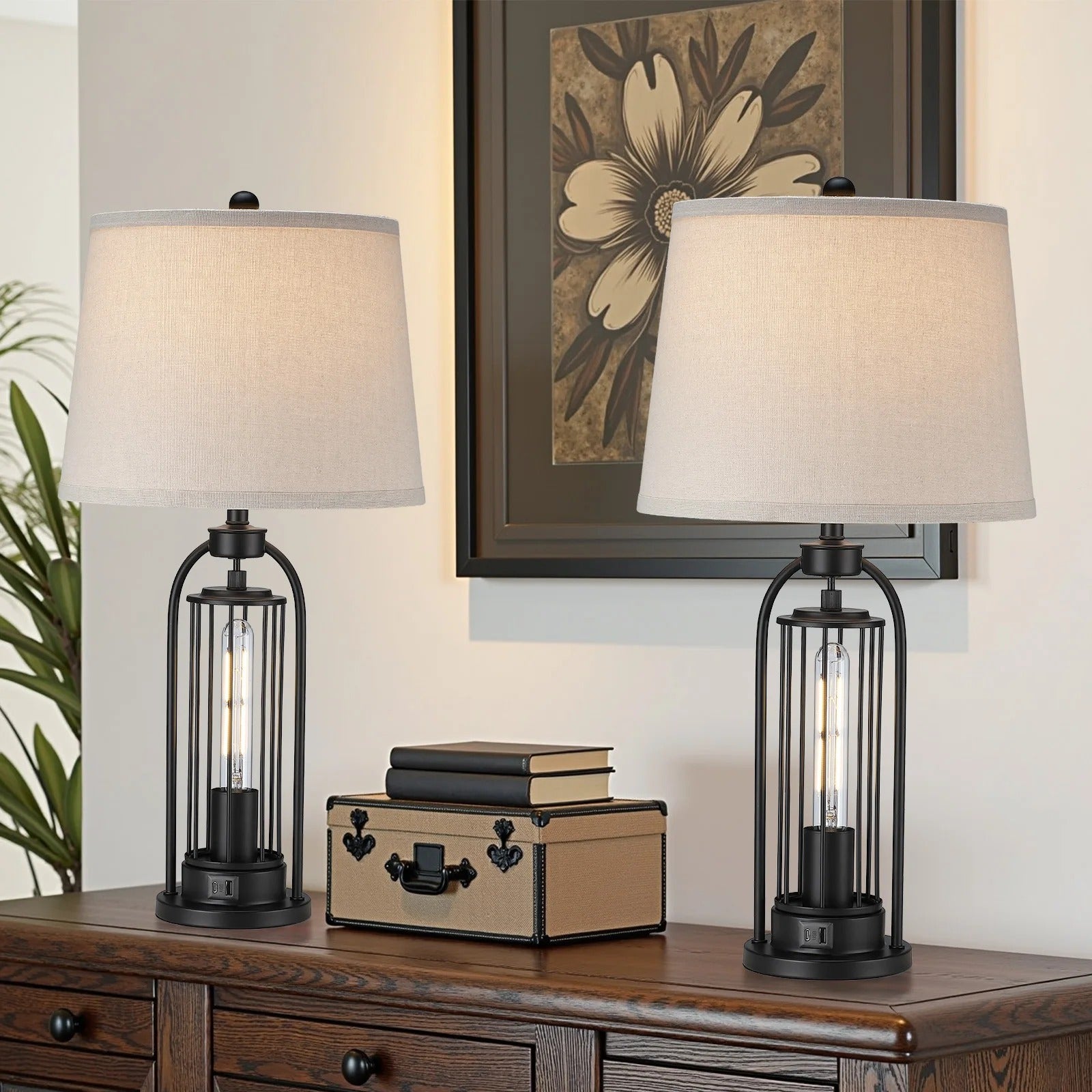 26" Modern Dual LED Table Lamp | Linen Shade, USB & Type-C Charging Port, Touch & Rotary Control