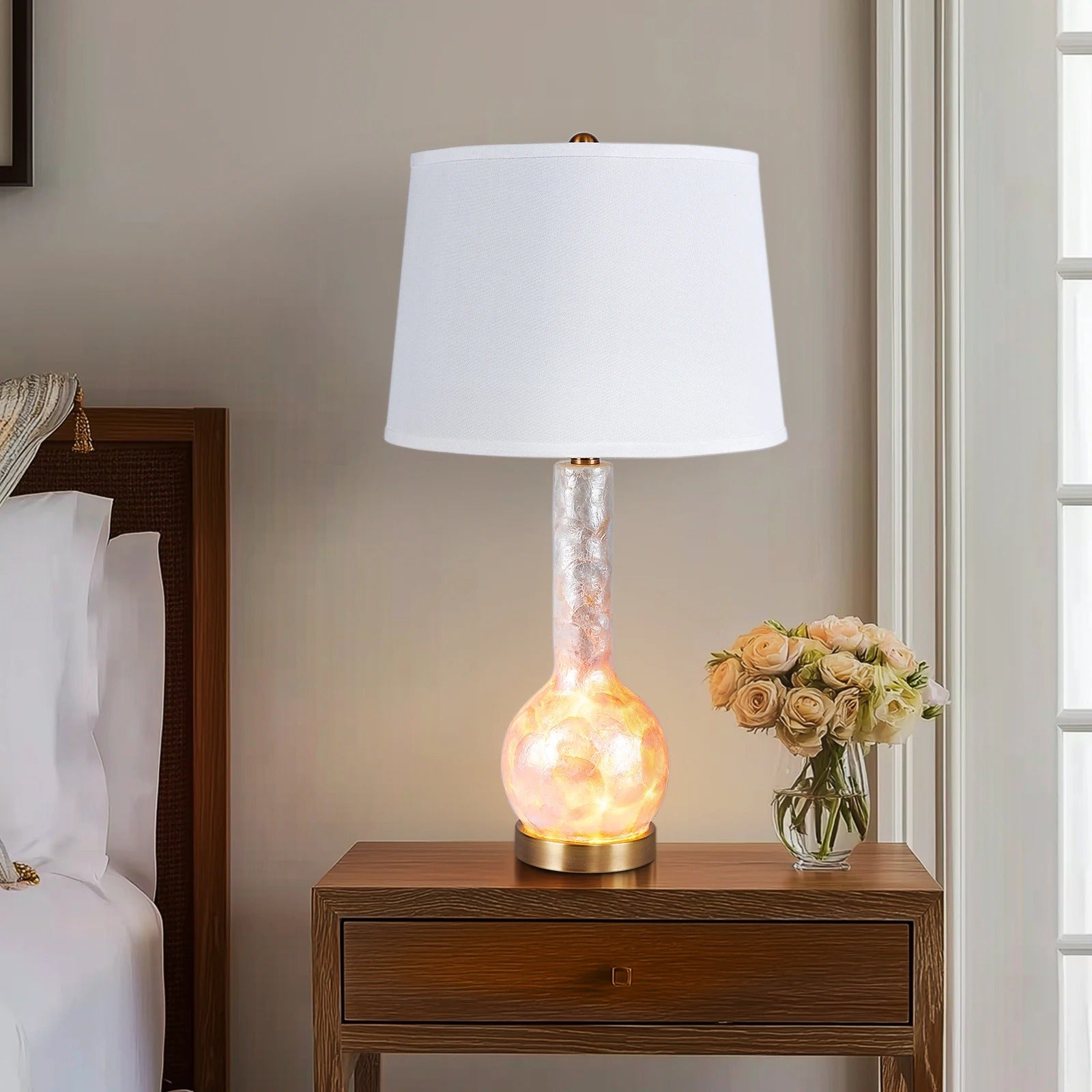 28"/25" Luxury Table Lamp | Shell Body with Linen Shade, Bronze Base, Four-Stage LED Night Light