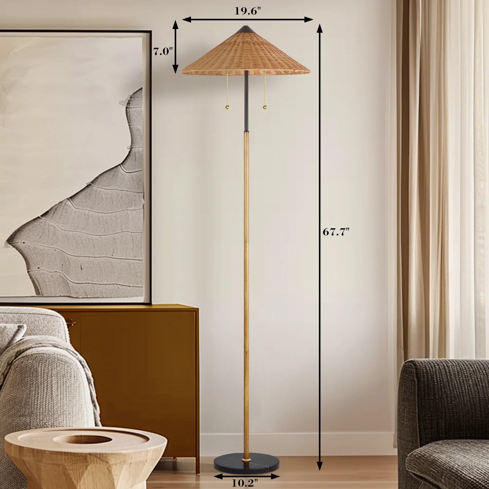 68" Rattan Floor Lamp | Minimalist Traditional Style, Marble Base, Double Lamp Head for Living Room & Bedroom