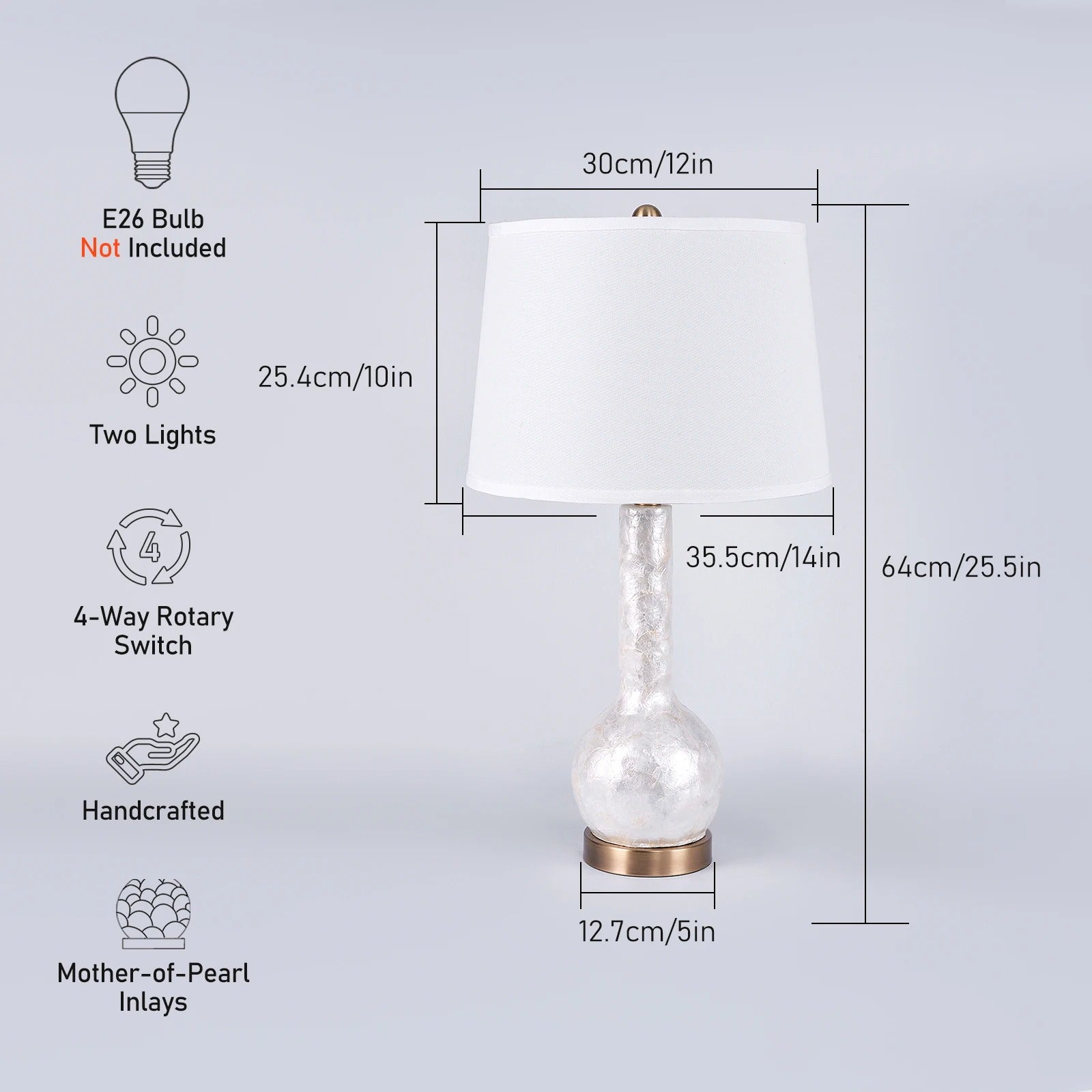 28"/25" Luxury Table Lamp | Shell Body with Linen Shade, Bronze Base, Four-Stage LED Night Light