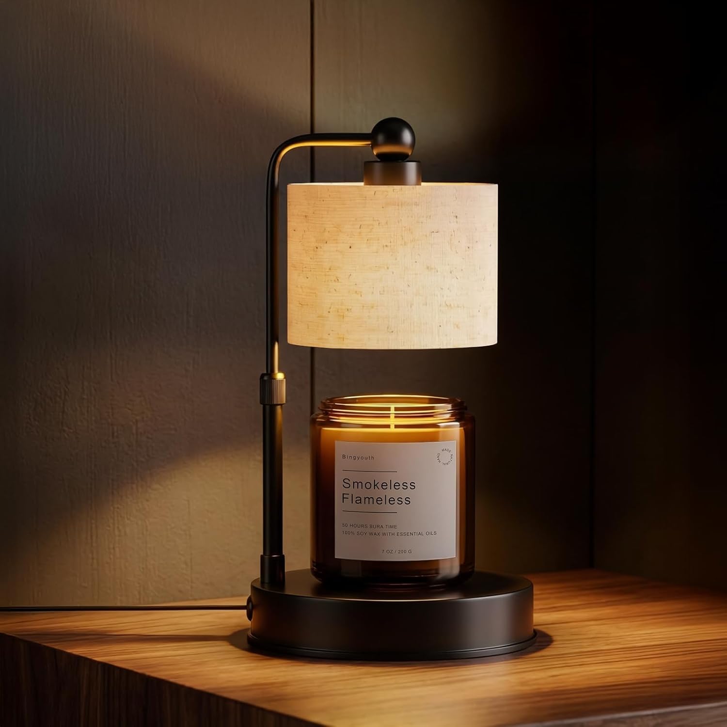 Adjustable Height Candle Warmer Lamp with Timer | Dimmable, Rustic Linen Shade, Metal Base