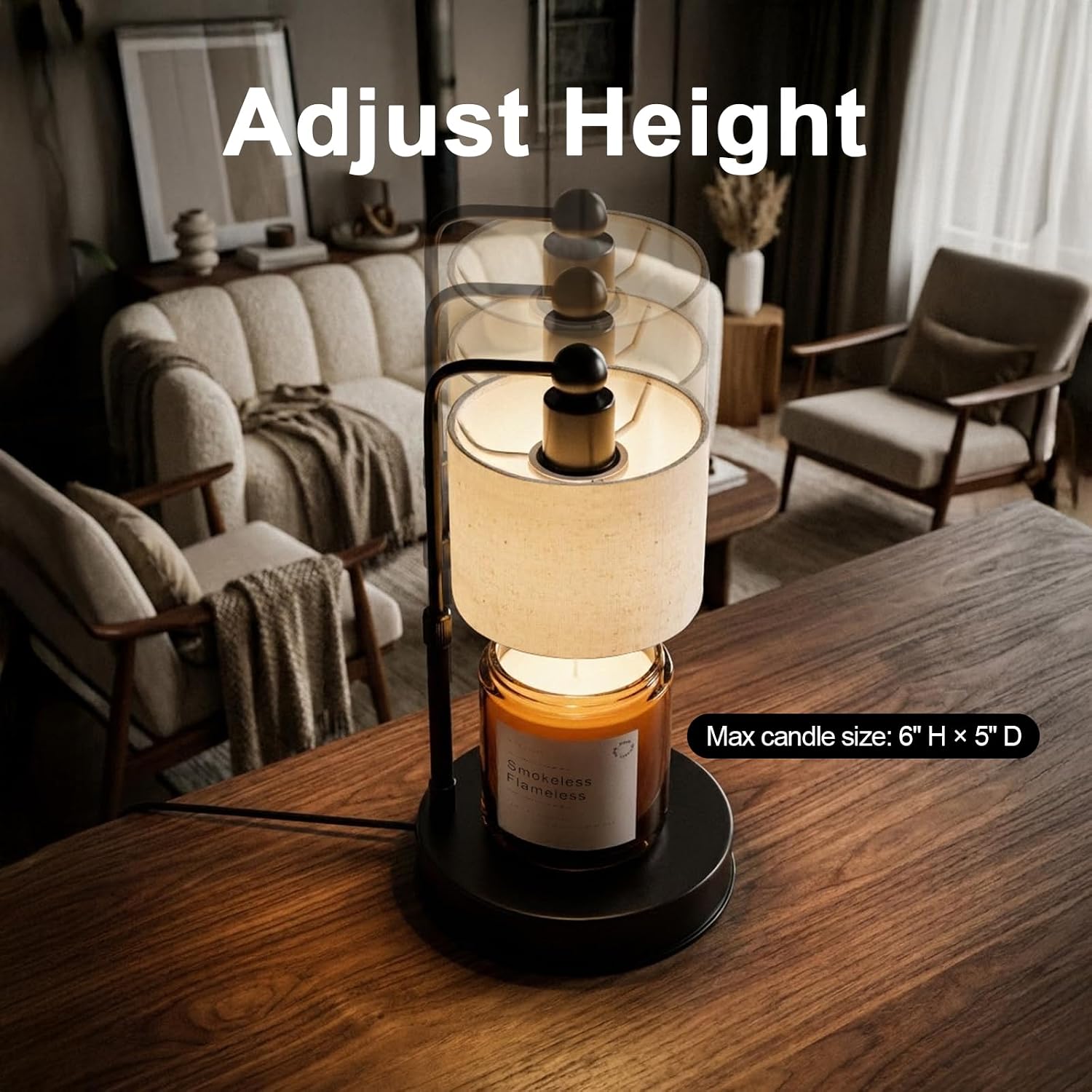 Adjustable Height Candle Warmer Lamp with Timer | Dimmable, Rustic Linen Shade, Metal Base