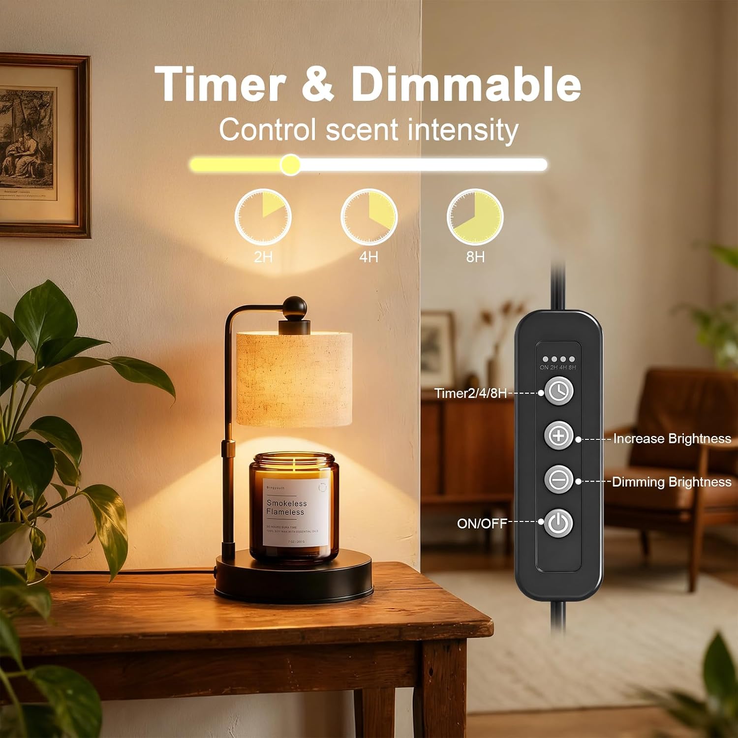Adjustable Height Candle Warmer Lamp with Timer | Dimmable, Rustic Linen Shade, Metal Base