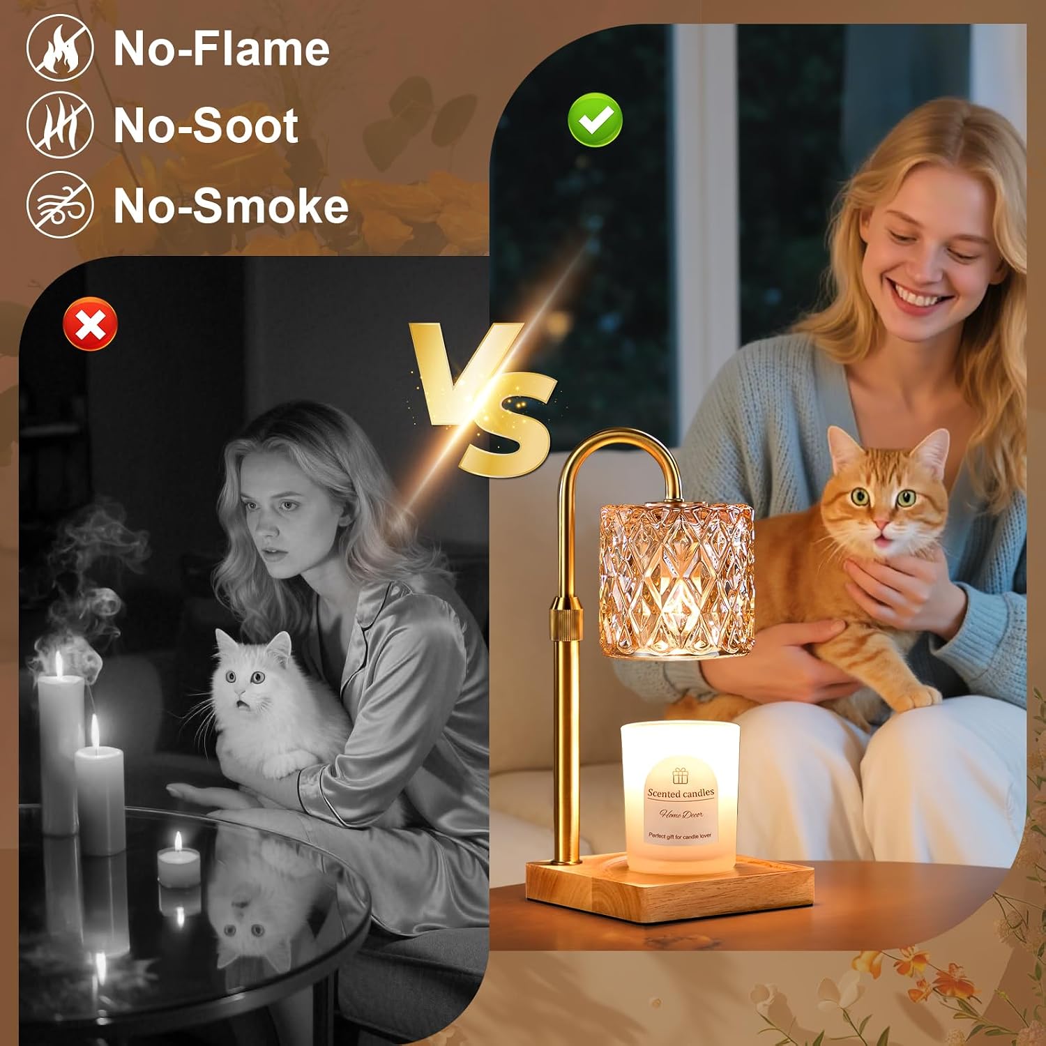 Hong-in Vintage Candle Warmer Lamp | Adjustable Height, Dimmable with Timer, Wooden Base