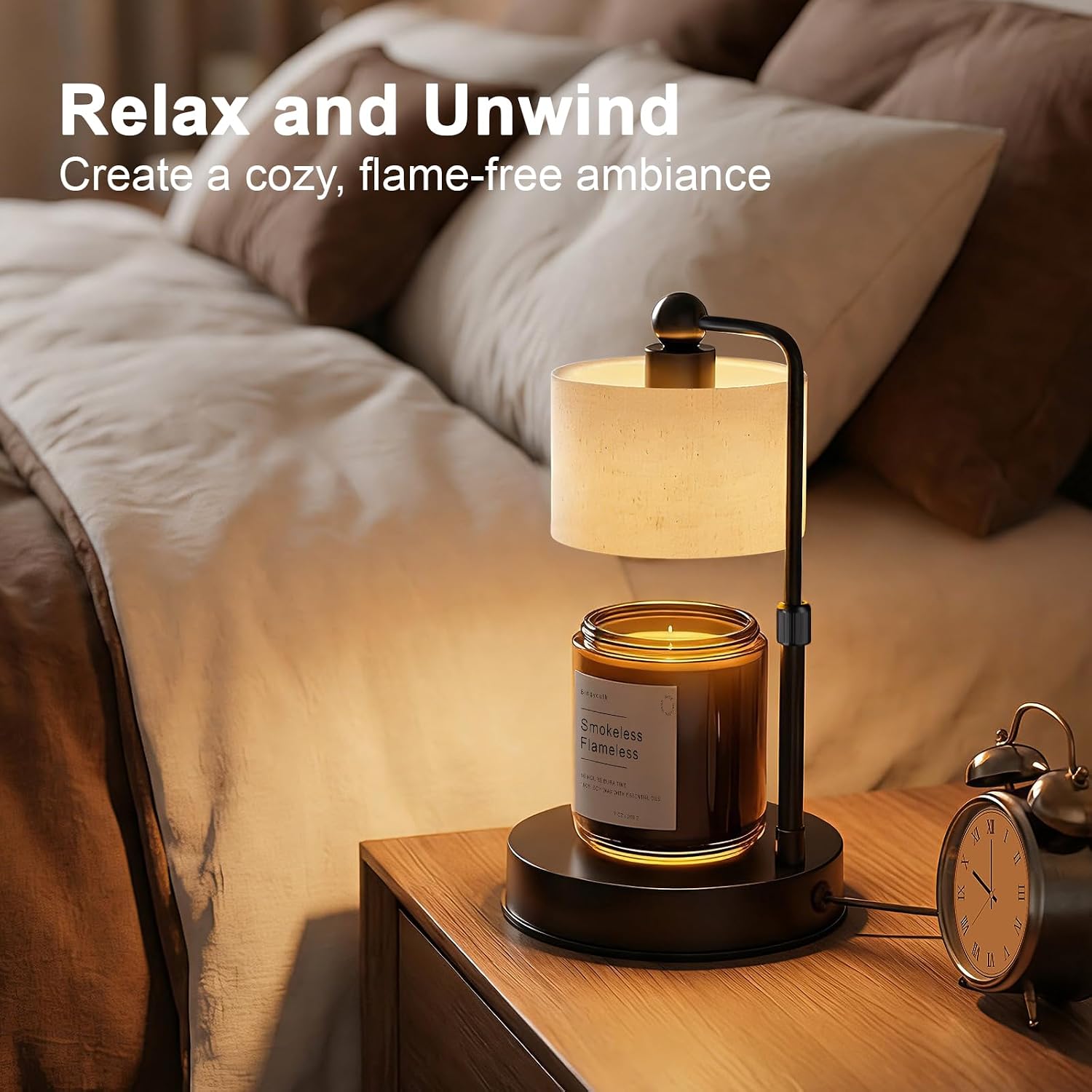 Adjustable Height Candle Warmer Lamp with Timer | Dimmable, Rustic Linen Shade, Metal Base