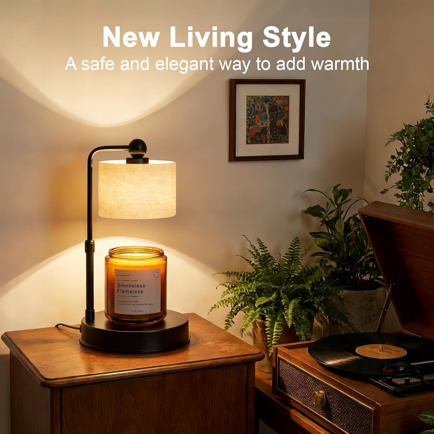Adjustable Height Candle Warmer Lamp with Timer | Dimmable, Rustic Linen Shade, Metal Base