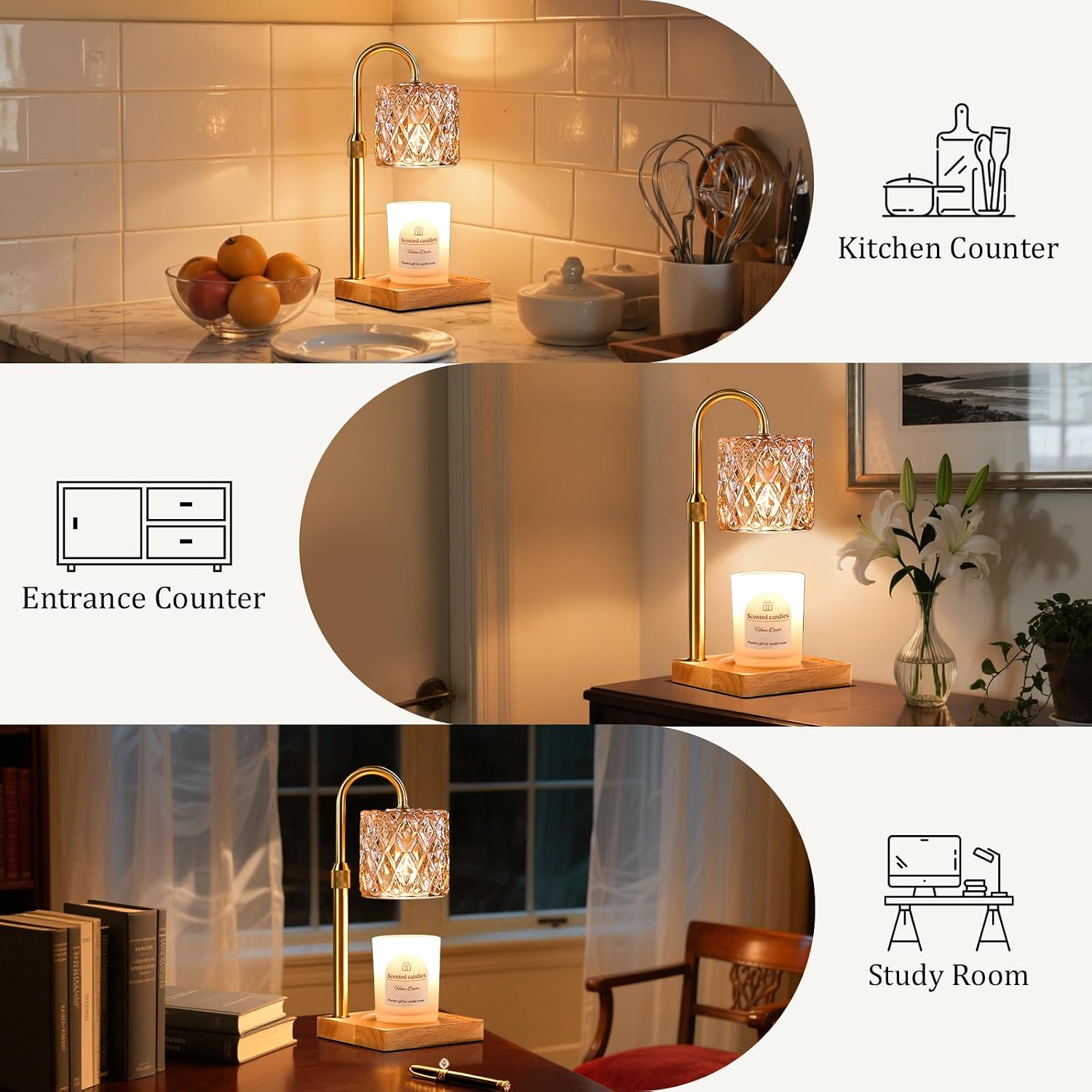 Hong-in Vintage Candle Warmer Lamp | Adjustable Height, Dimmable with Timer, Wooden Base